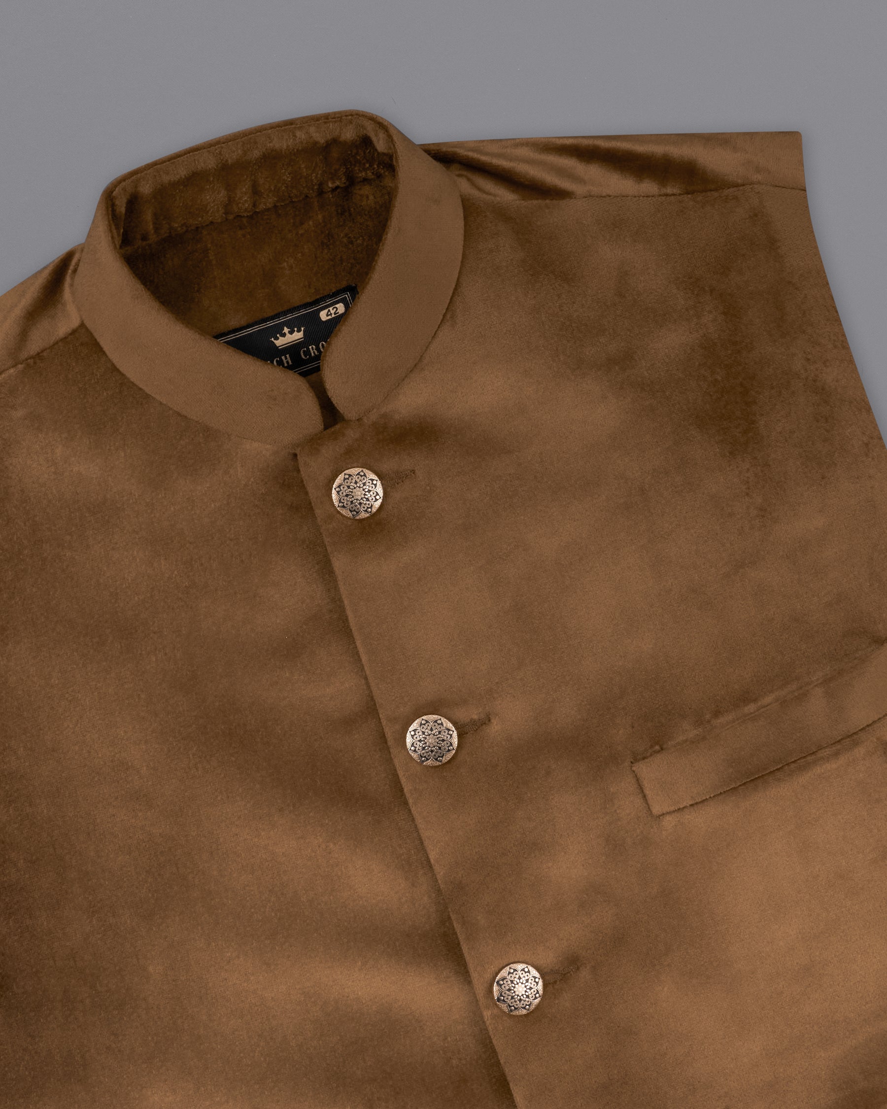 Nutmeg Brown Premium Velvet Designer Nehru Jacket WC2205-36, WC2205-38, WC2205-40, WC2205-42, WC2205-44, WC2205-46, WC2205-48, WC2205-50, WC2205-52, WC2205-54, WC2205-56, WC2205-58, WC2205-60