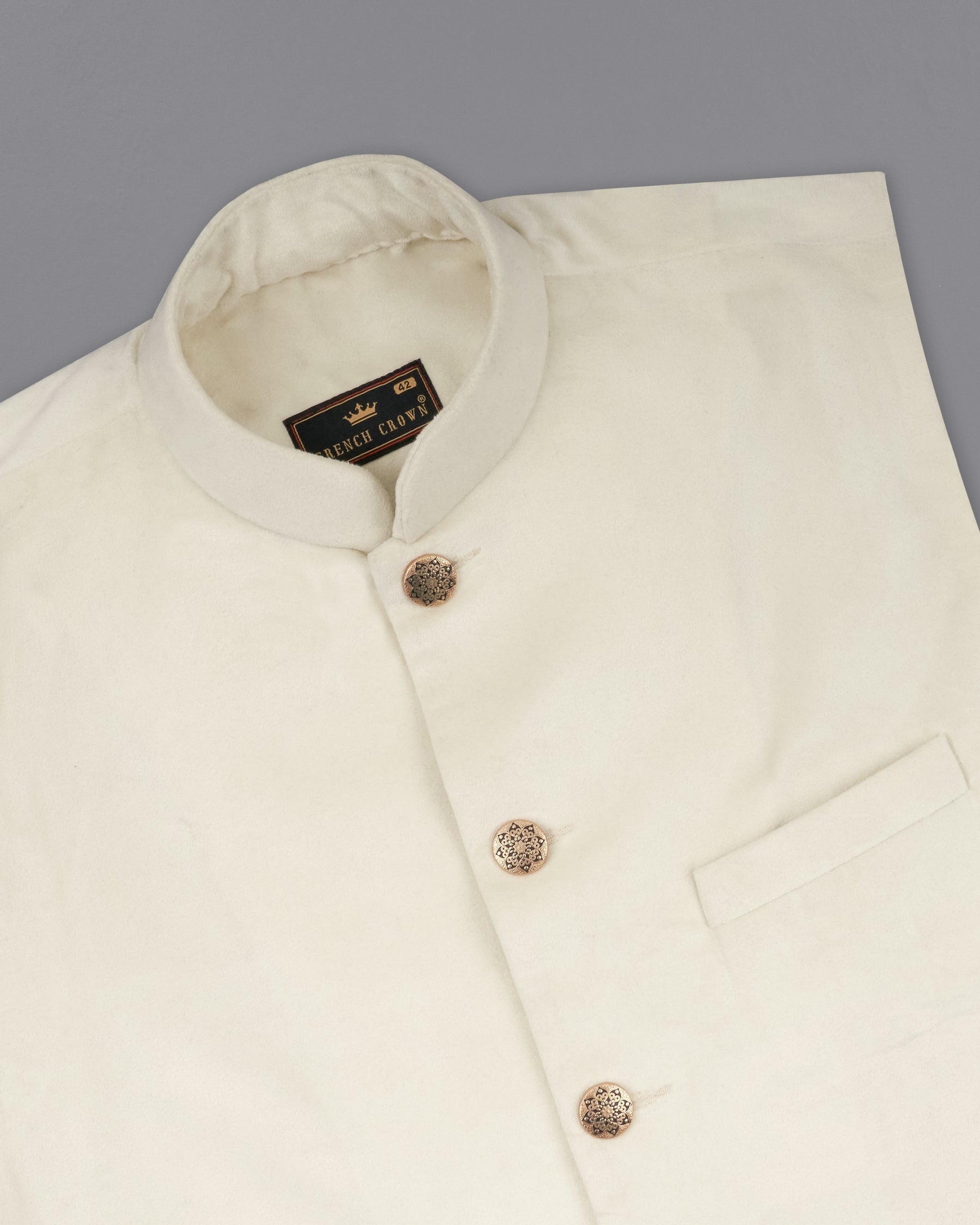 Eggshell Cream Premium Velvet Designer Nehru Jacket WC2207-36, WC2207-38, WC2207-40, WC2207-42, WC2207-44, WC2207-46, WC2207-48, WC2207-50, WC2207-52, WC2207-54, WC2207-56, WC2207-58, WC2207-60