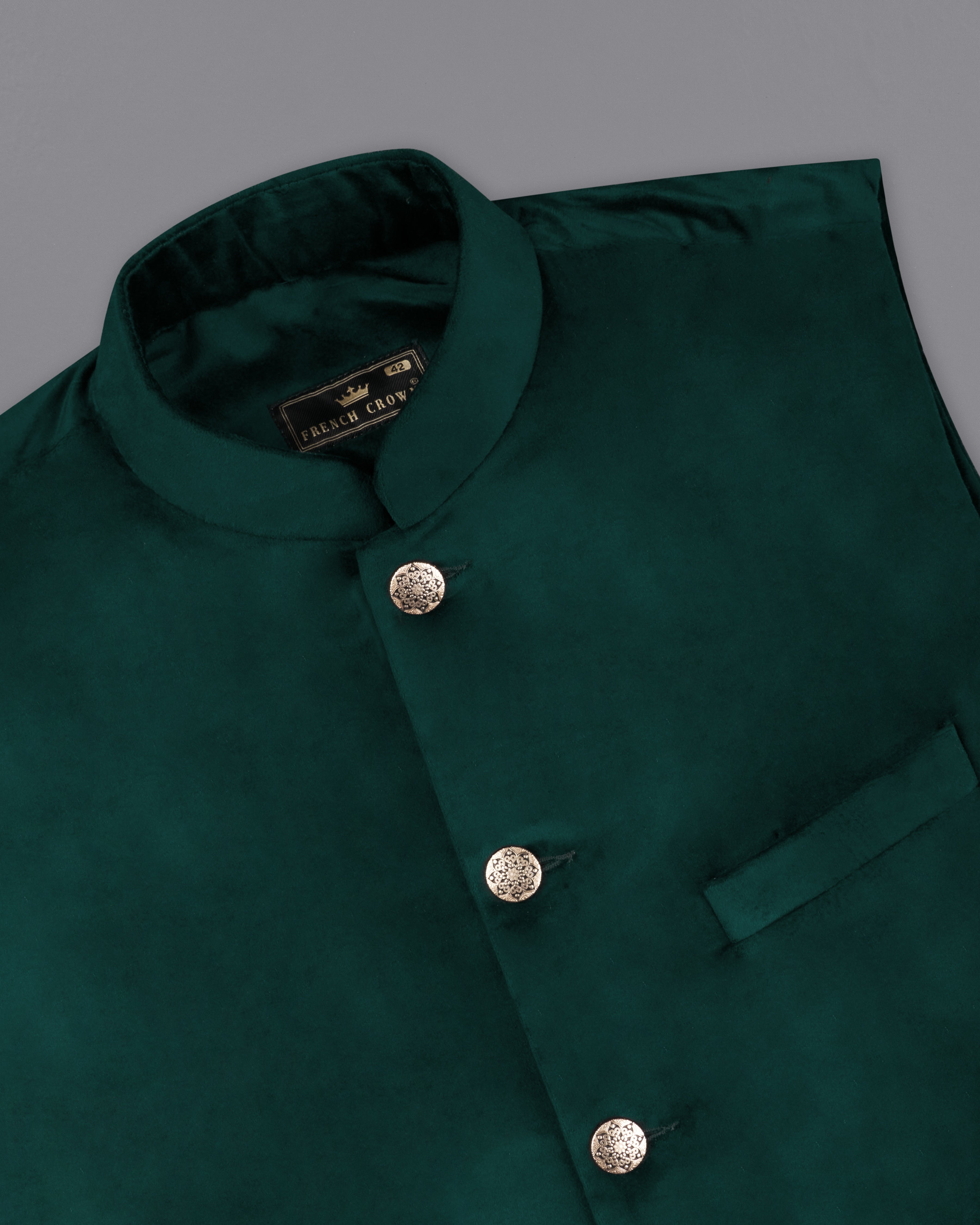 Burnham Dark Green Velvet Designer Nehru Jacket WC2222-36, WC2222-38, WC2222-40, WC2222-42, WC2222-44, WC2222-46, WC2222-48, WC2222-50, WC2222-52, WC2222-54, WC2222-56, WC2222-58, WC2222-60