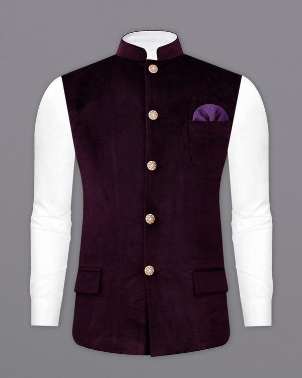 Eclipse Wine Velvet Nehru Jacket WC2296-36, WC2296-38, WC2296-40, WC2296-42, WC2296-44, WC2296-46, WC2296-48, WC2296-50, WC2296-52, WC2296-54, WC2296-56, WC2296-58, WC2296-60