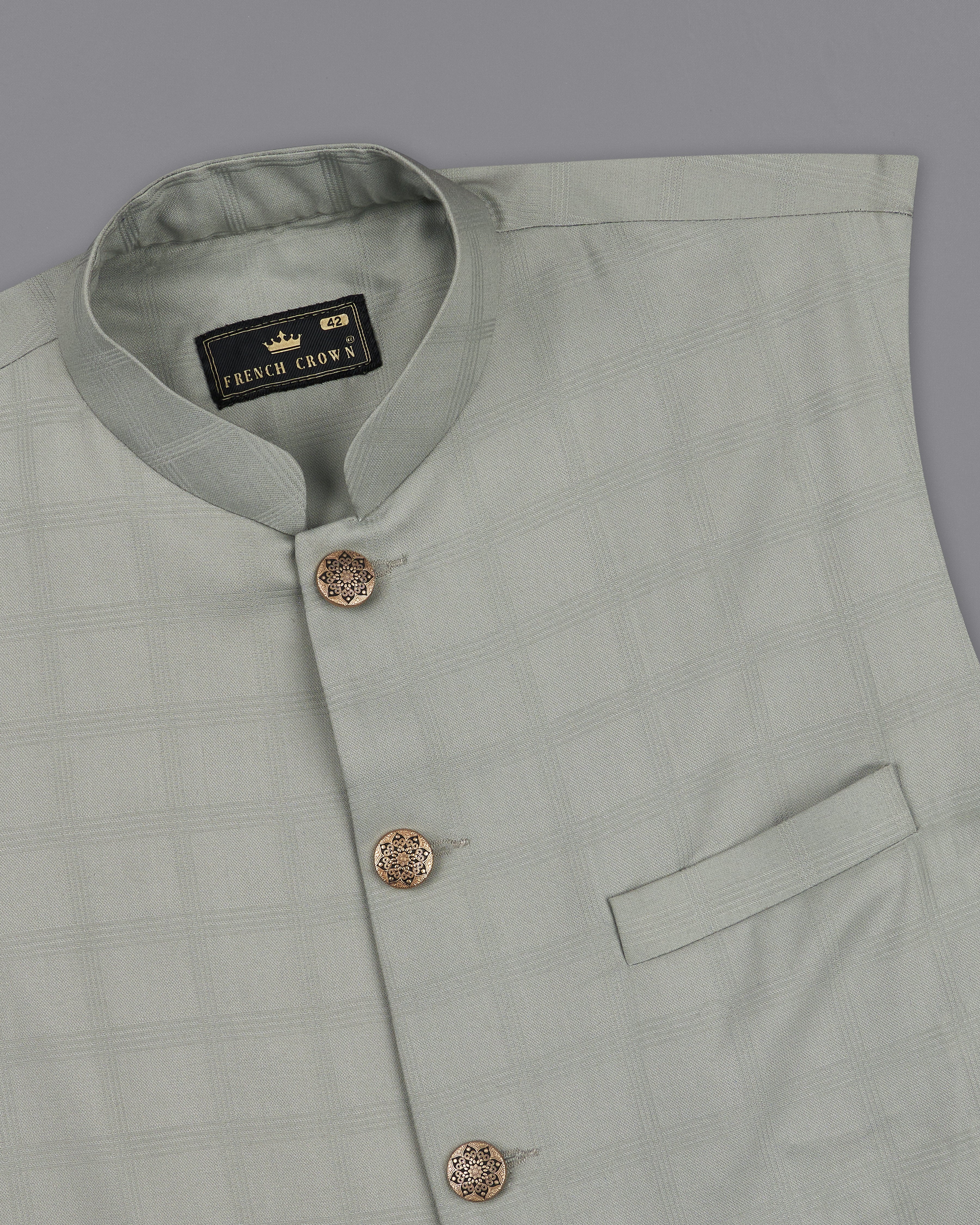 Dawn Gray Plaid Nehru Jacket WC2298-36, WC2298-38, WC2298-40, WC2298-42, WC2298-44, WC2298-46, WC2298-48, WC2298-50, WC2298-52, WC2298-54, WC2298-56, WC2298-58, WC2298-60