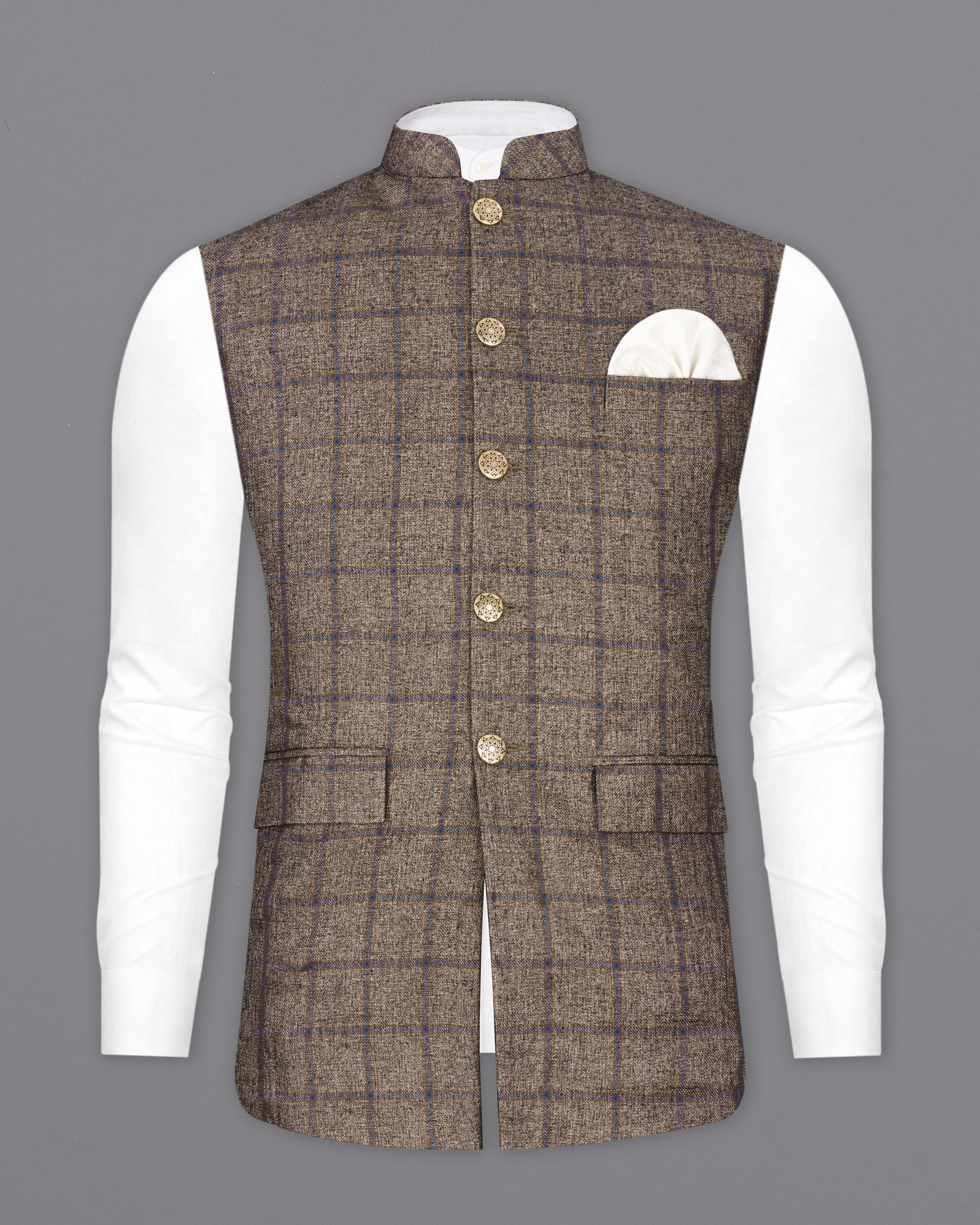 Pine Cone Brown Plaid Nehru Jacket WC2304-36, WC2304-38, WC2304-40, WC2304-42, WC2304-44, WC2304-46, WC2304-48, WC2304-50, WC2304-52, WC2304-54, WC2304-56, WC2304-58, WC2304-60