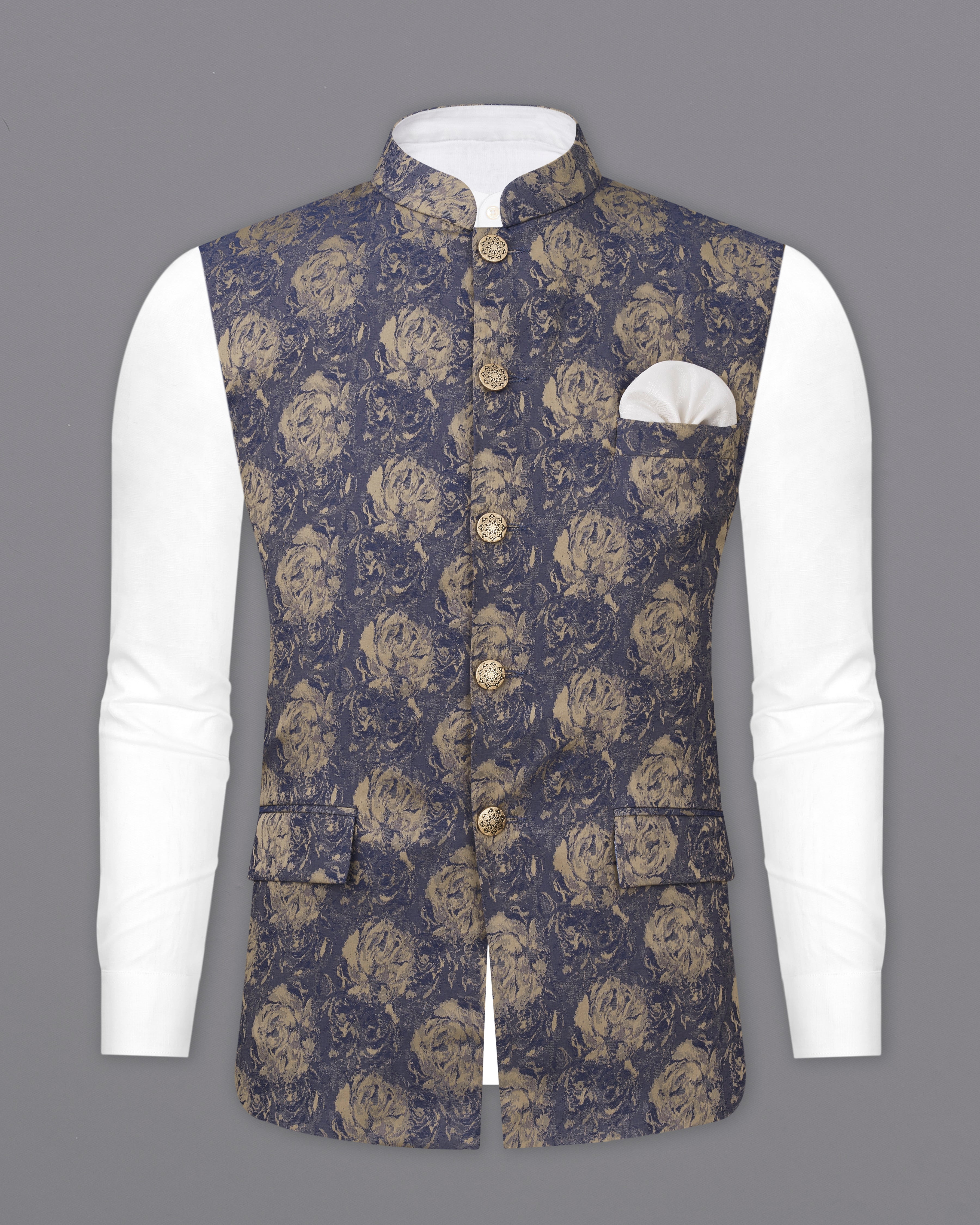 Gravel Blue and Black Jacquard Textured Designer Nehru jacket WC2349-36, WC2349-38, WC2349-40, WC2349-42, WC2349-44, WC2349-46, WC2349-48, WC2349-50, WC2349-52, WC2349-54, WC2349-56, WC2349-58, WC2349-60