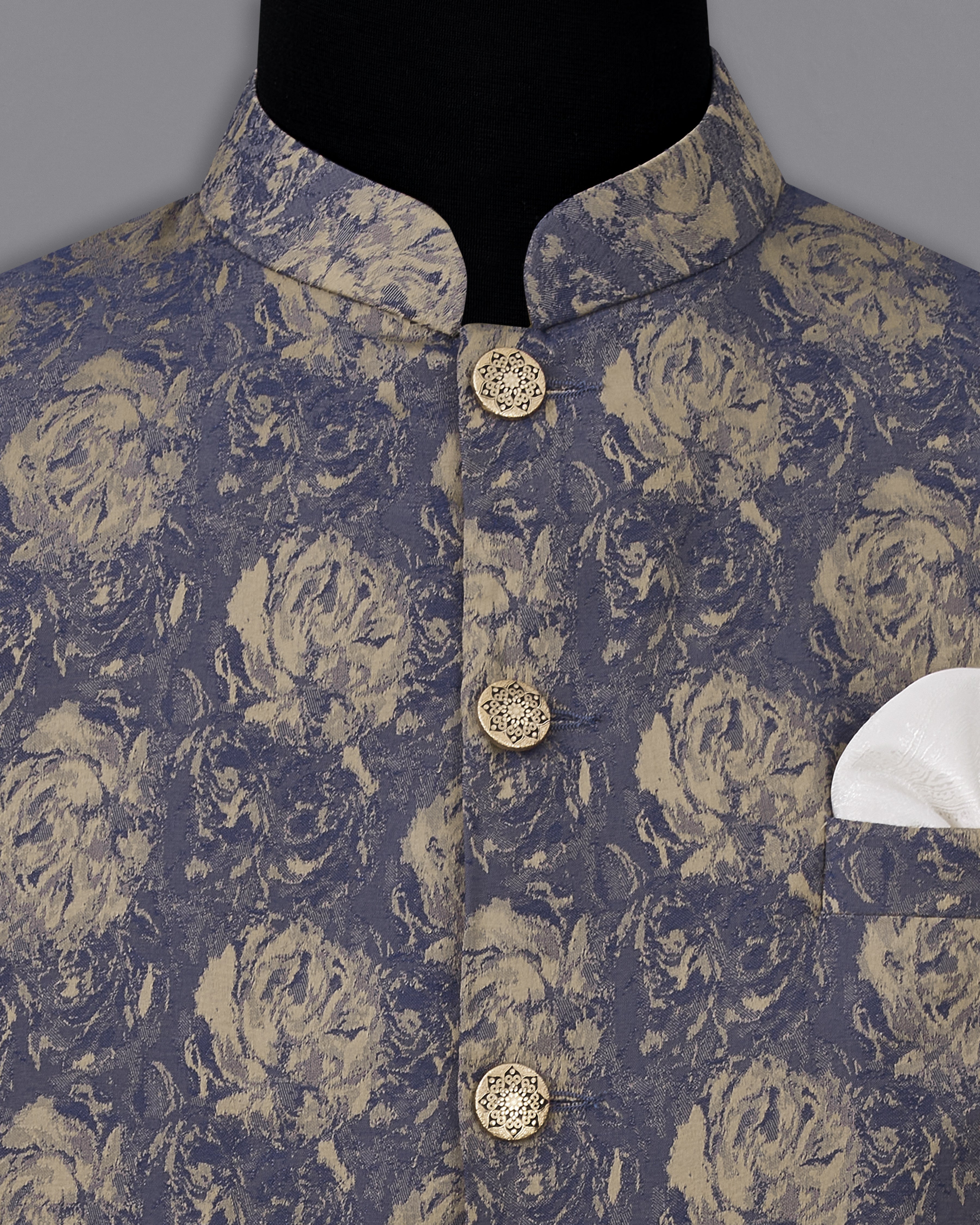 Gravel Blue and Black Jacquard Textured Designer Nehru jacket WC2349-36, WC2349-38, WC2349-40, WC2349-42, WC2349-44, WC2349-46, WC2349-48, WC2349-50, WC2349-52, WC2349-54, WC2349-56, WC2349-58, WC2349-60