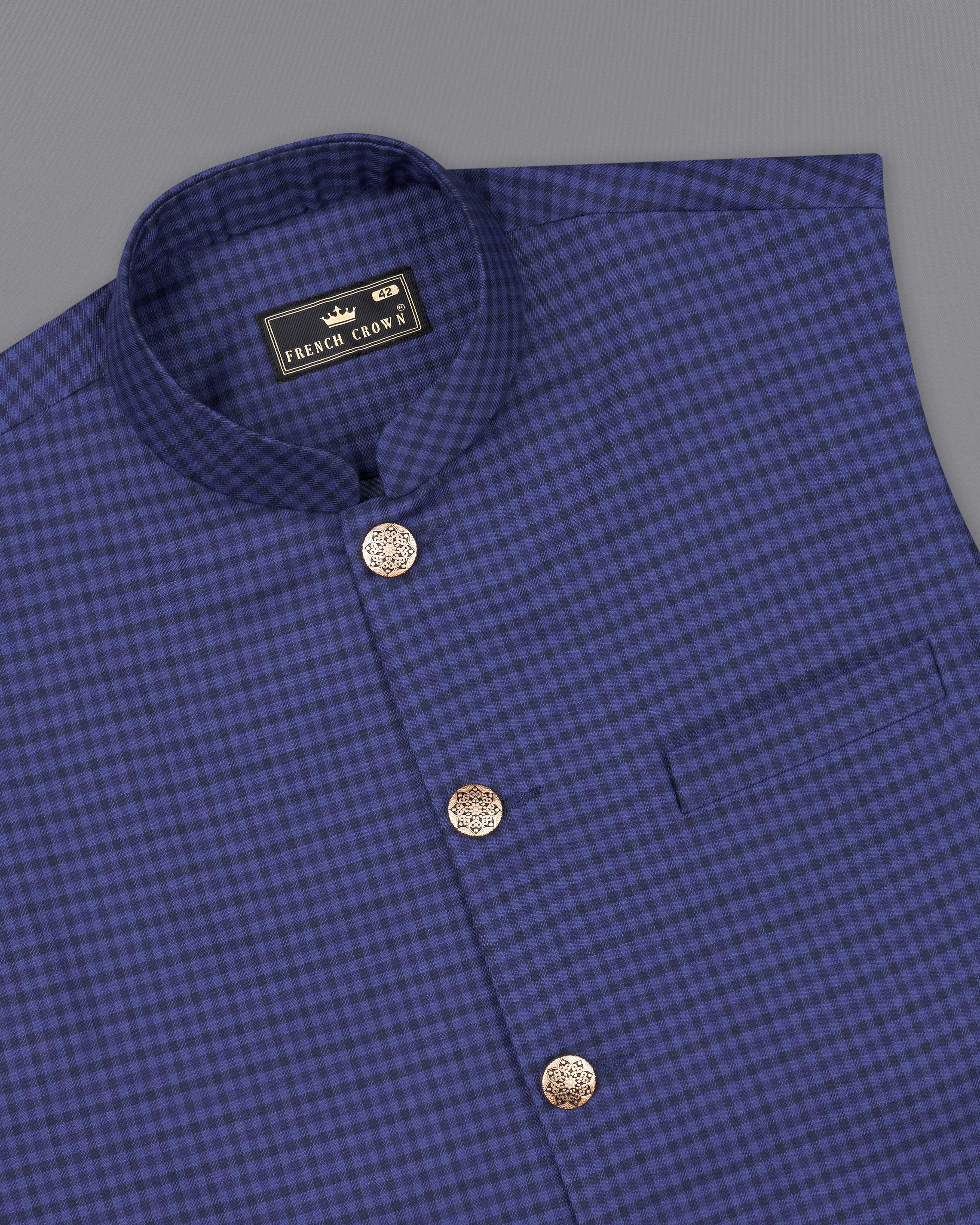 Victoria Blue Gingham Checkered Nehru Jacket WC2496-38, WC2496-39, WC2496-40, WC2496-42, WC2496-44, WC2496-46, WC2496-48, WC2496-50, WC2496-52