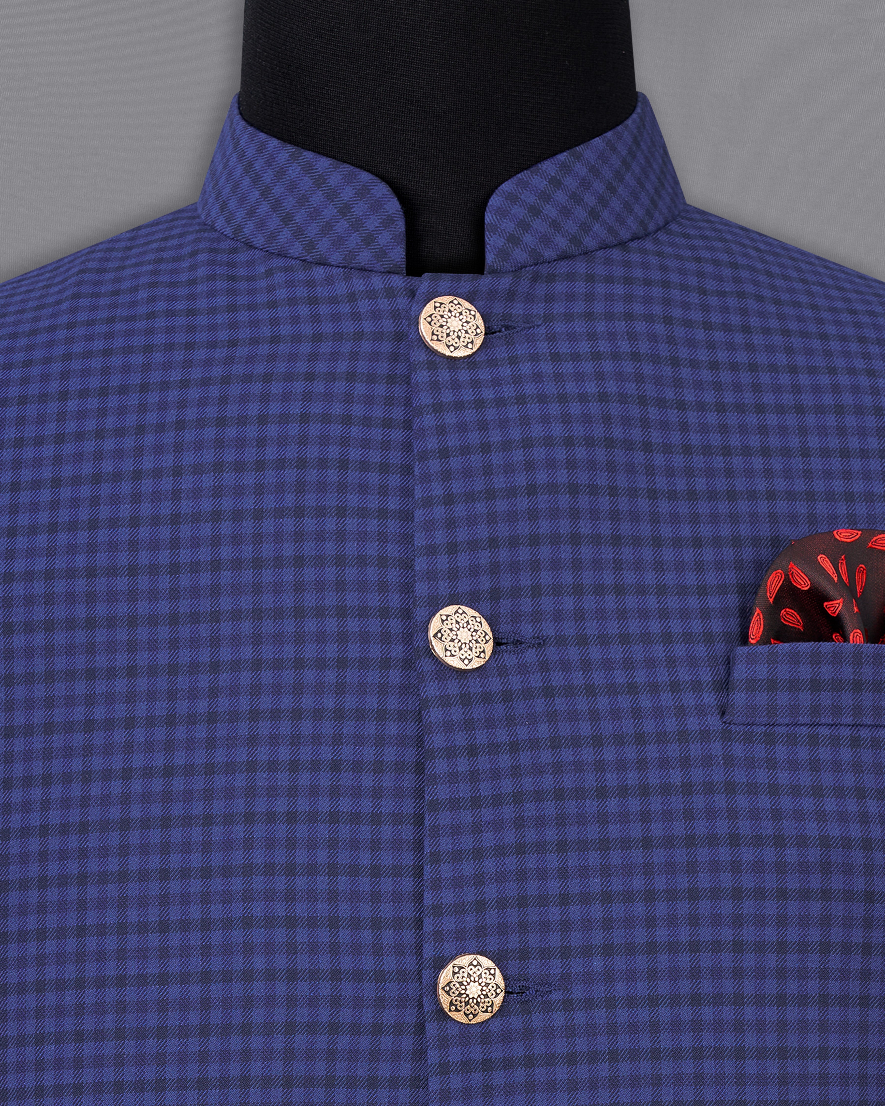Victoria Blue Gingham Checkered Nehru Jacket WC2496-38, WC2496-39, WC2496-40, WC2496-42, WC2496-44, WC2496-46, WC2496-48, WC2496-50, WC2496-52
