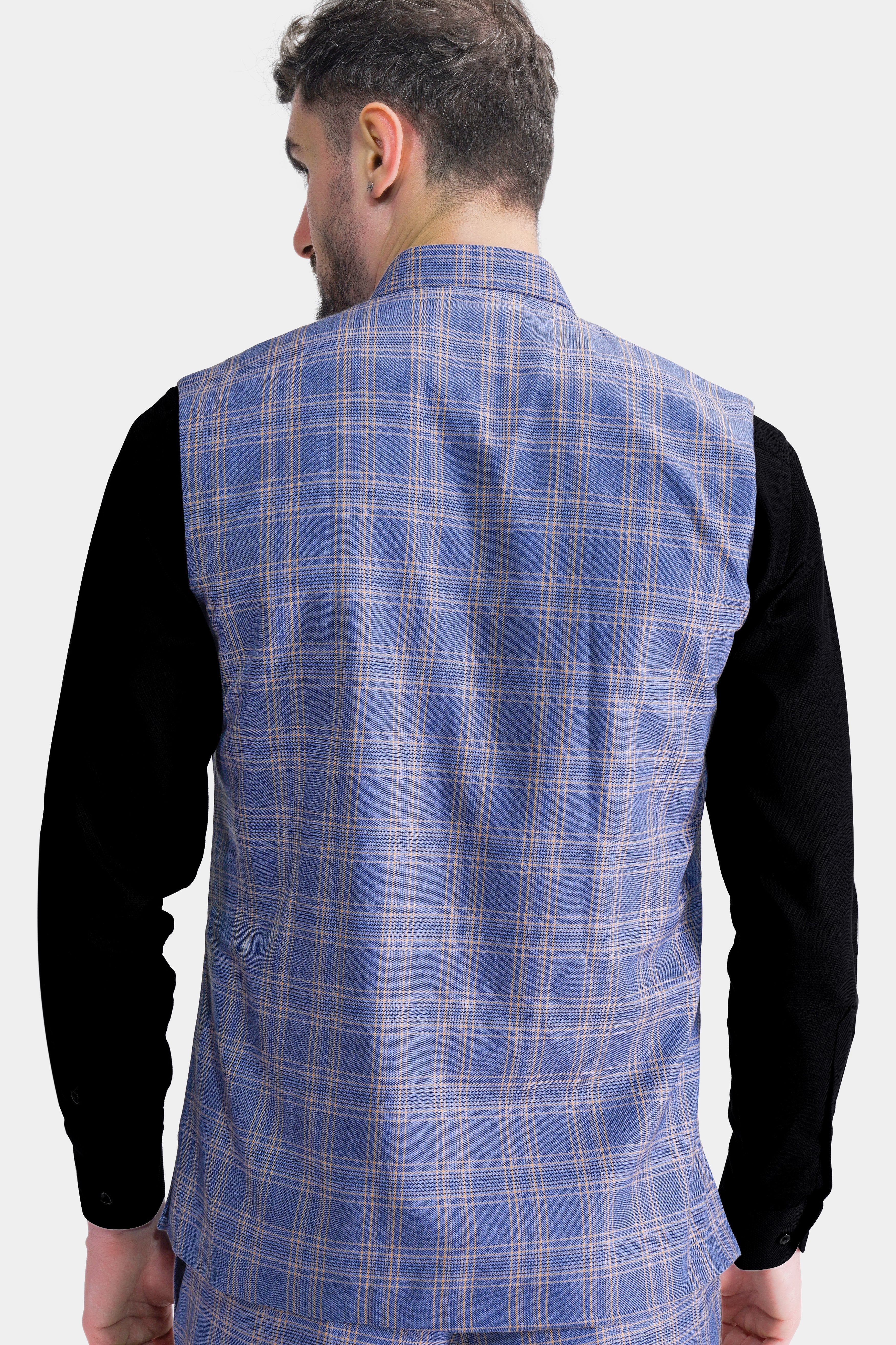 Scampi Blue and Muesli Brown Plaid Wool Rich Nehru Jacket