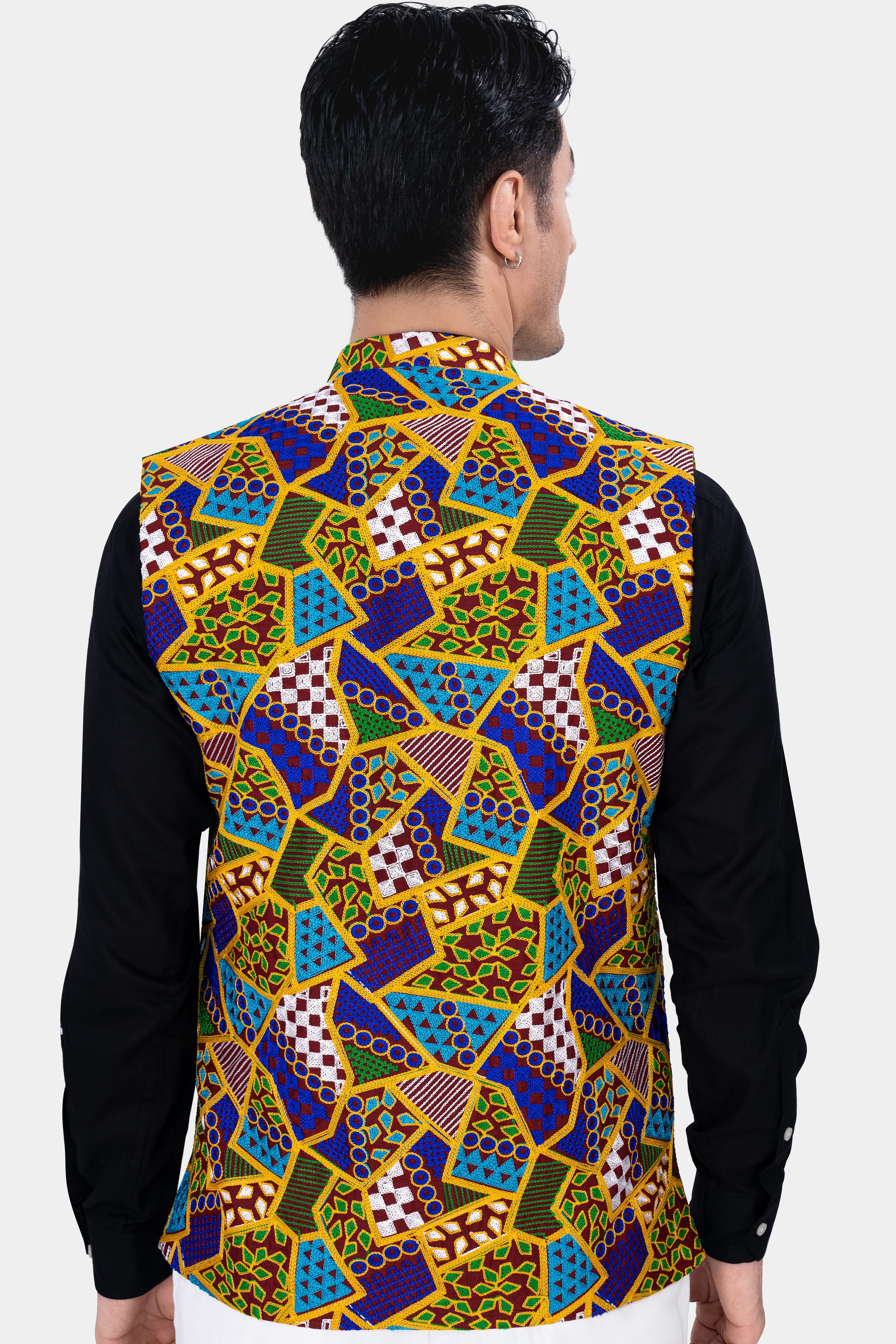 Amber Yellow with Cobalt Blue Multicolour Cotton Thread Embroidered Nehru Jacket WC2881-36, WC2881-38, WC2881-40, WC2881-42, WC2881-44, WC2881-46, WC2881-48, WC2881-50, WC2881-52, WC2881-54, WC2881-56, WC2881-58, WC2881-60