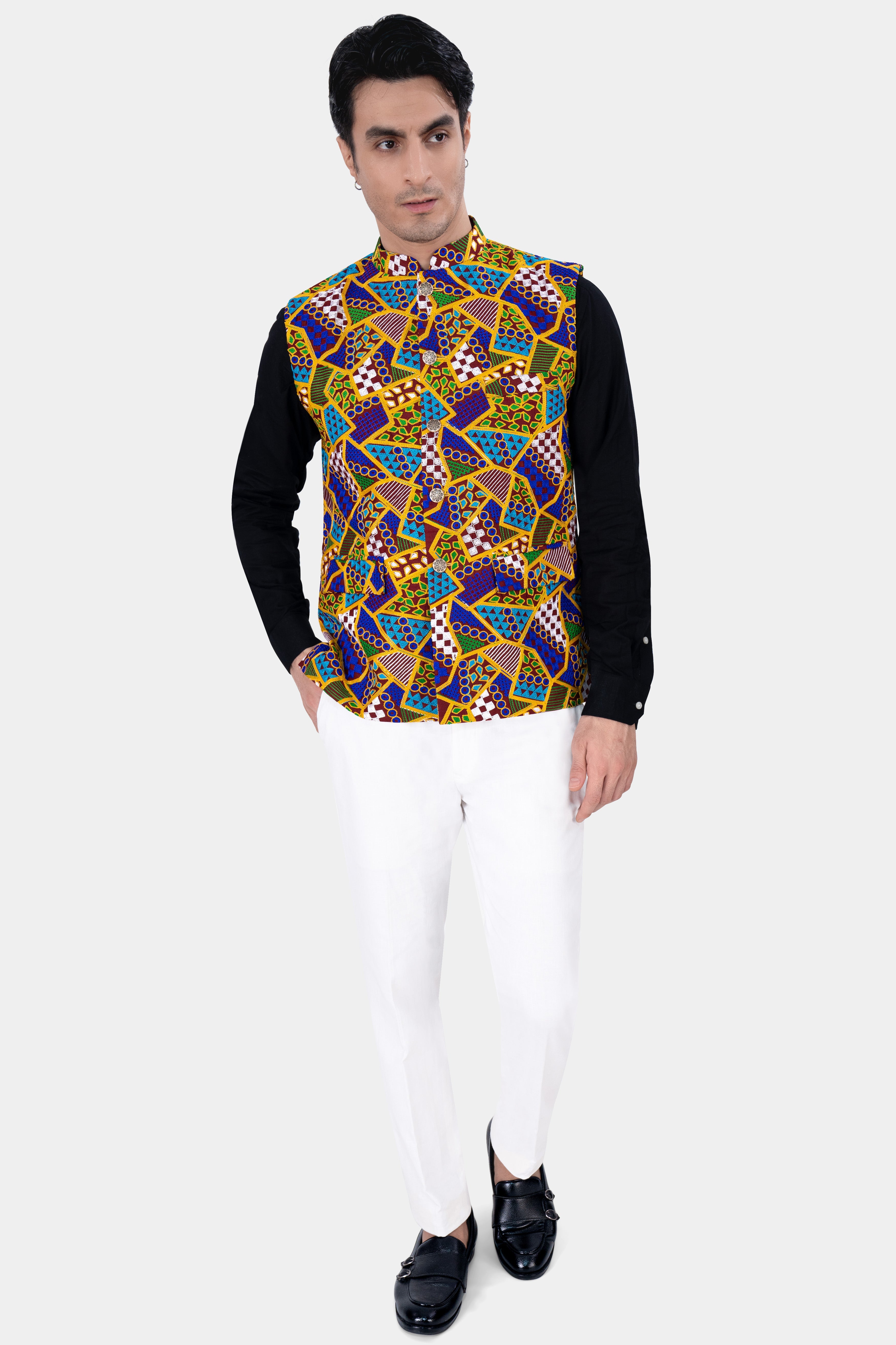 Amber Yellow with Cobalt Blue Multicolour Cotton Thread Embroidered Nehru Jacket WC2881-36, WC2881-38, WC2881-40, WC2881-42, WC2881-44, WC2881-46, WC2881-48, WC2881-50, WC2881-52, WC2881-54, WC2881-56, WC2881-58, WC2881-60