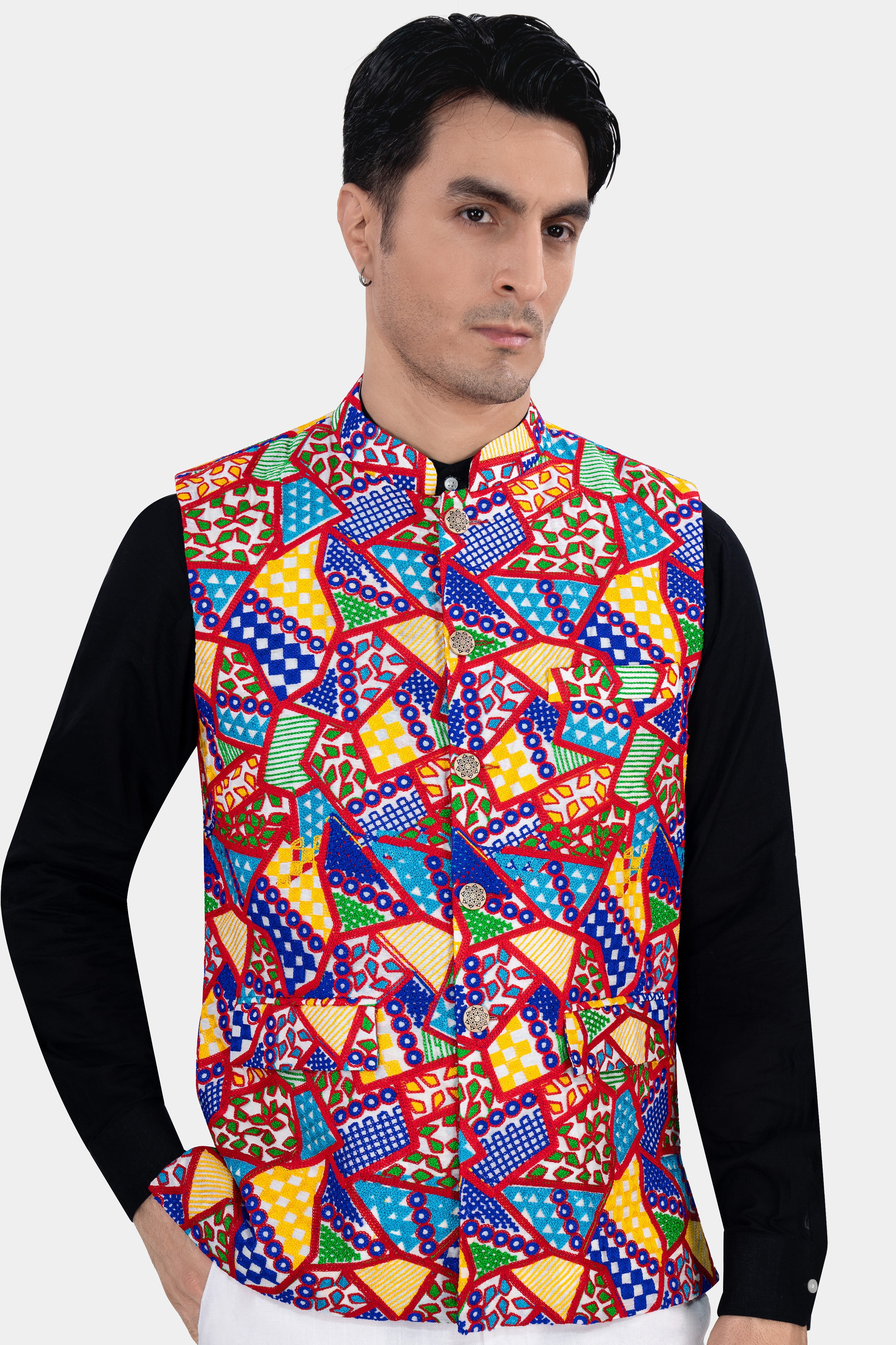 Carmine Red with Cobalt Blue and Amber Yellow Multicolour Cotton Thread Embroidered Nehru Jacket WC2883-36, WC2883-38, WC2883-40, WC2883-42, WC2883-44, WC2883-46, WC2883-48, WC2883-50, WC2883-52, WC2883-54, WC2883-56, WC2883-58, WC2883-60