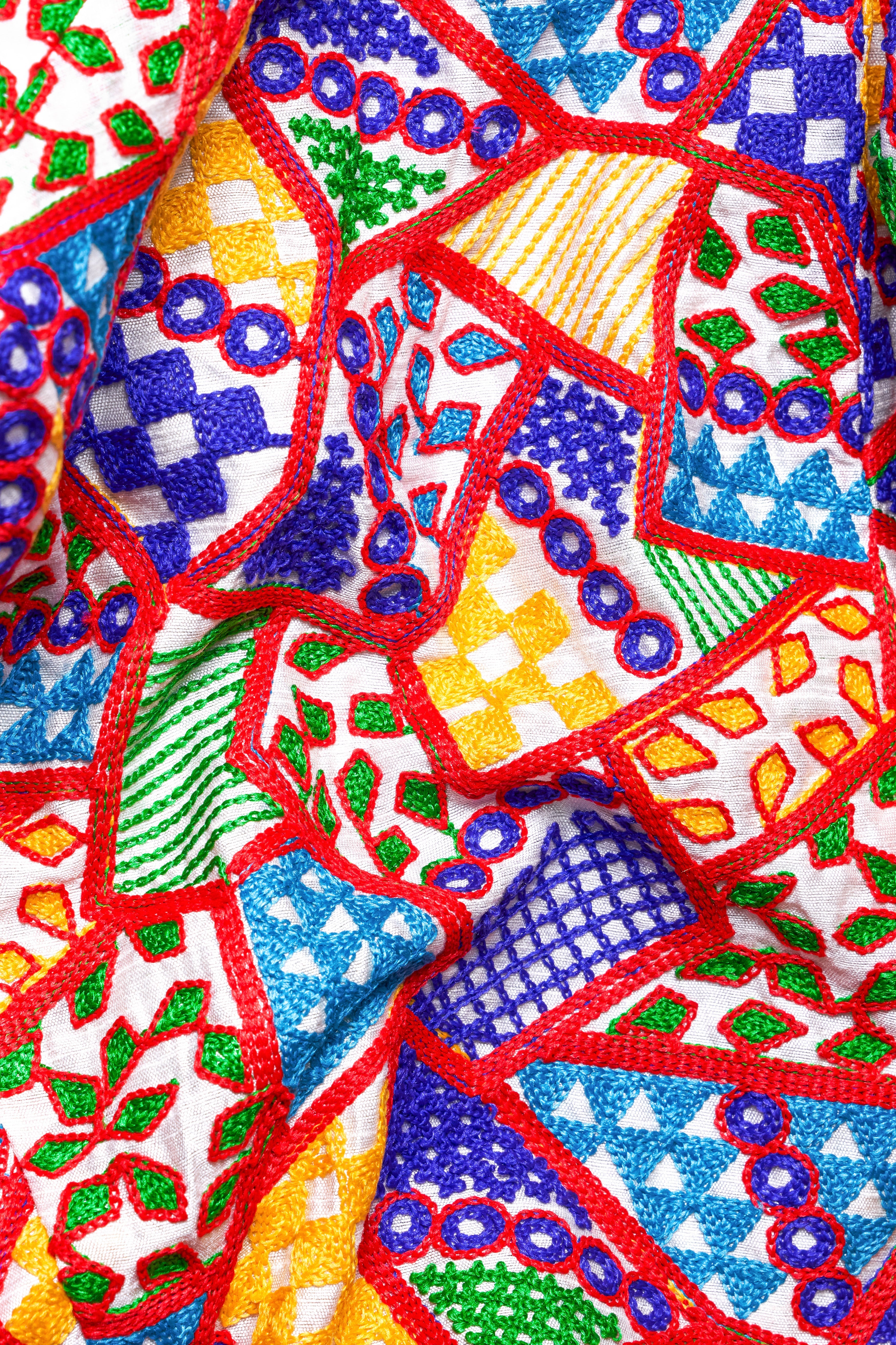 Carmine Red with Cobalt Blue and Amber Yellow Multicolour Cotton Thread Embroidered Nehru Jacket WC2883-36, WC2883-38, WC2883-40, WC2883-42, WC2883-44, WC2883-46, WC2883-48, WC2883-50, WC2883-52, WC2883-54, WC2883-56, WC2883-58, WC2883-60