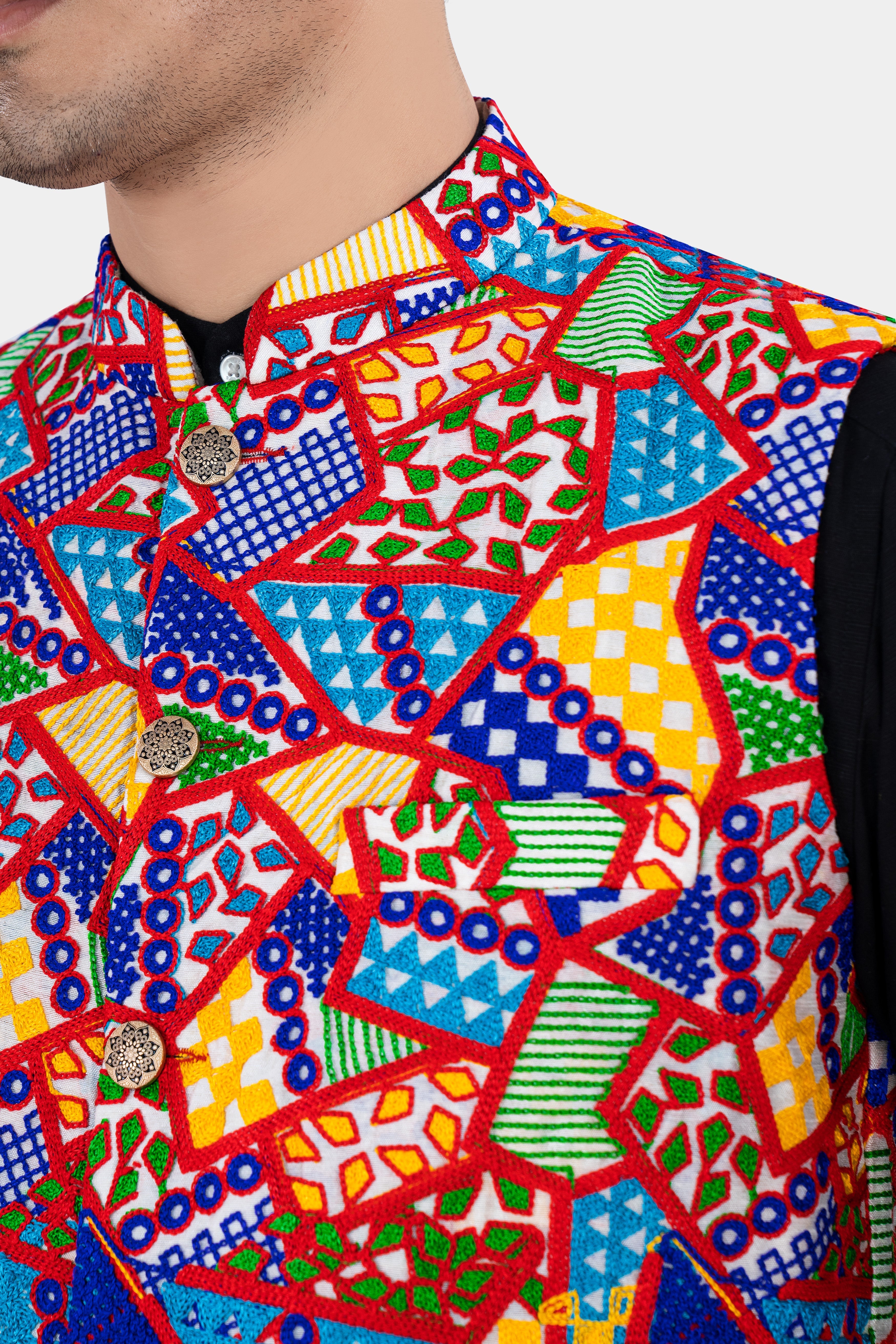 Carmine Red with Cobalt Blue and Amber Yellow Multicolour Cotton Thread Embroidered Nehru Jacket WC2883-36, WC2883-38, WC2883-40, WC2883-42, WC2883-44, WC2883-46, WC2883-48, WC2883-50, WC2883-52, WC2883-54, WC2883-56, WC2883-58, WC2883-60