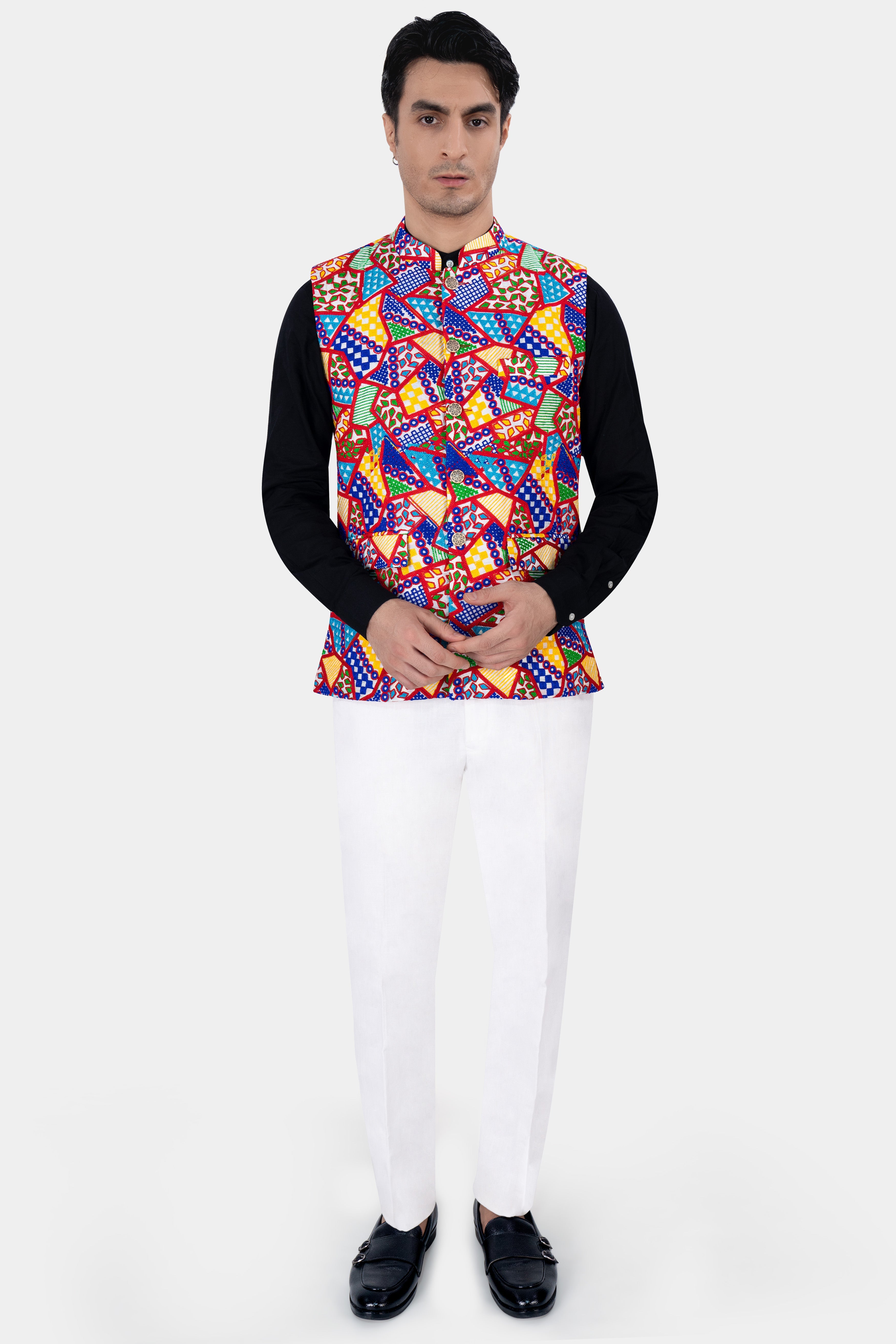 Carmine Red with Cobalt Blue and Amber Yellow Multicolour Cotton Thread Embroidered Nehru Jacket WC2883-36, WC2883-38, WC2883-40, WC2883-42, WC2883-44, WC2883-46, WC2883-48, WC2883-50, WC2883-52, WC2883-54, WC2883-56, WC2883-58, WC2883-60