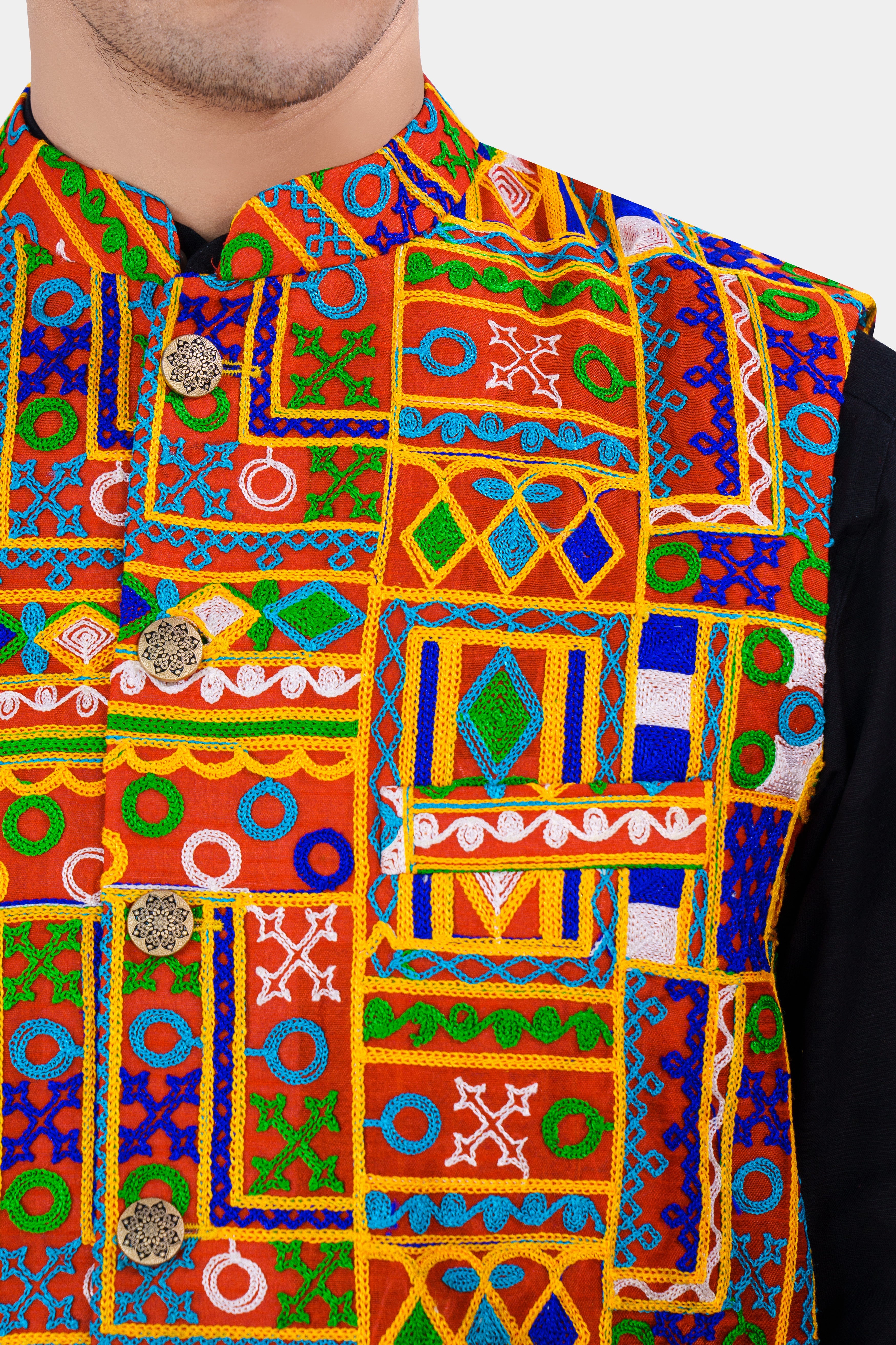 Sinopia Red with Smalt Blue and Peel Orange Cotton Thread Embroidered Nehru Jacket WC2884-36, WC2884-38, WC2884-40, WC2884-42, WC2884-44, WC2884-46, WC2884-48, WC2884-50, WC2884-52, WC2884-54, WC2884-56, WC2884-58, WC2884-60
