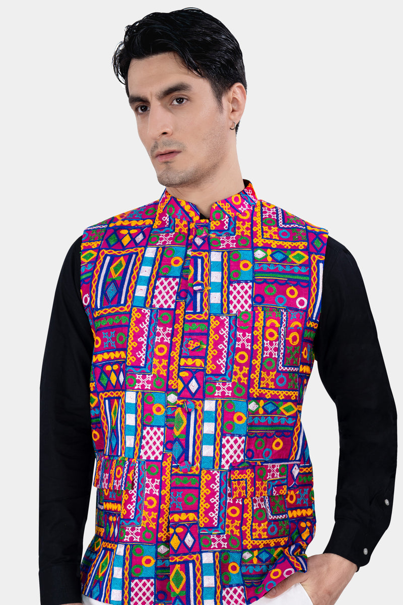 Fuchsia Pink and Smalt Blue Multicolour Cotton Thread Embroidered Nehru Jacket
