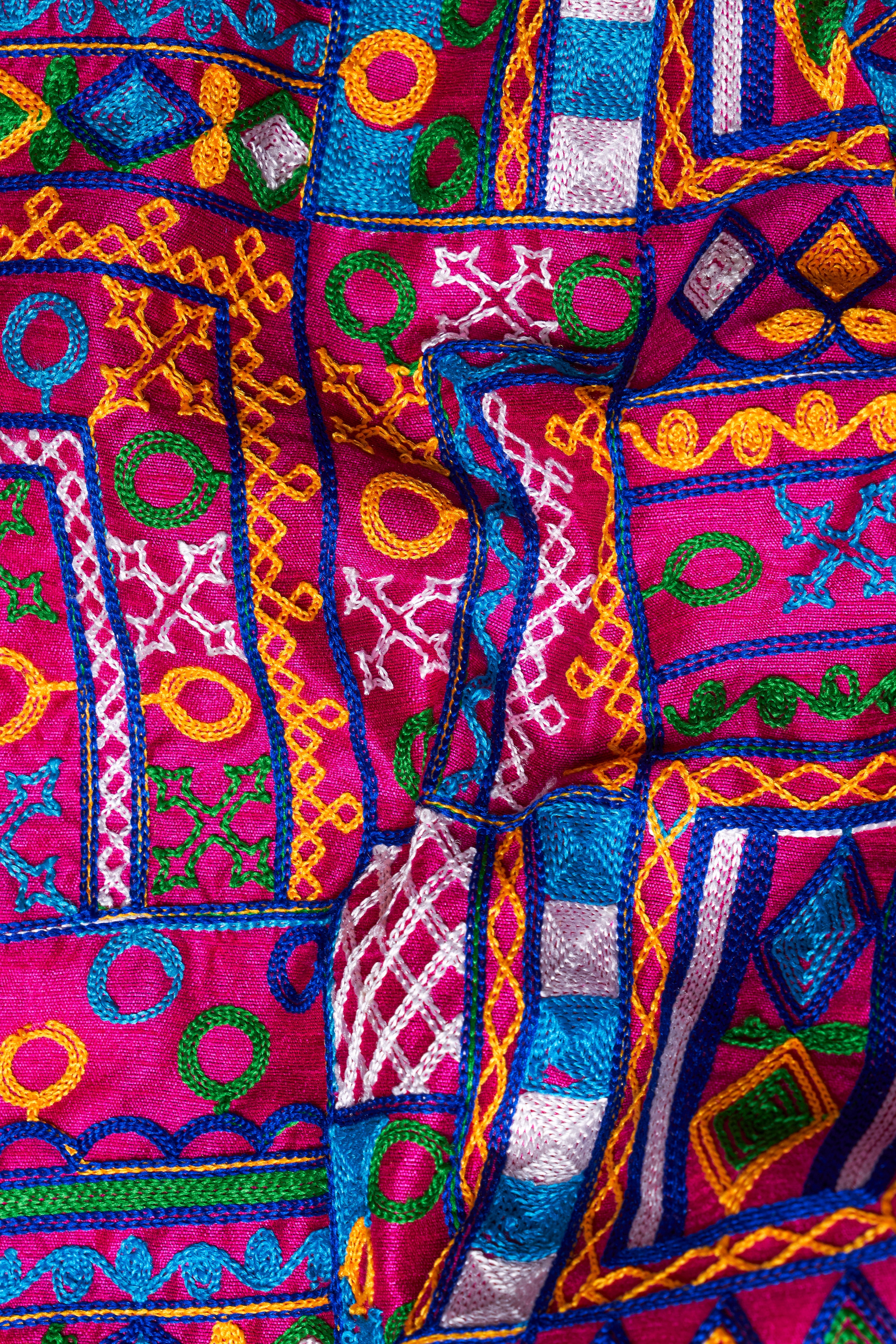 Fuchsia Pink and Smalt Blue Multicolour Cotton Thread Embroidered Nehru Jacket WC2885-36, WC2885-38, WC2885-40, WC2885-42, WC2885-44, WC2885-46, WC2885-48, WC2885-50, WC2885-52, WC2885-54, WC2885-56, WC2885-58, WC2885-60
