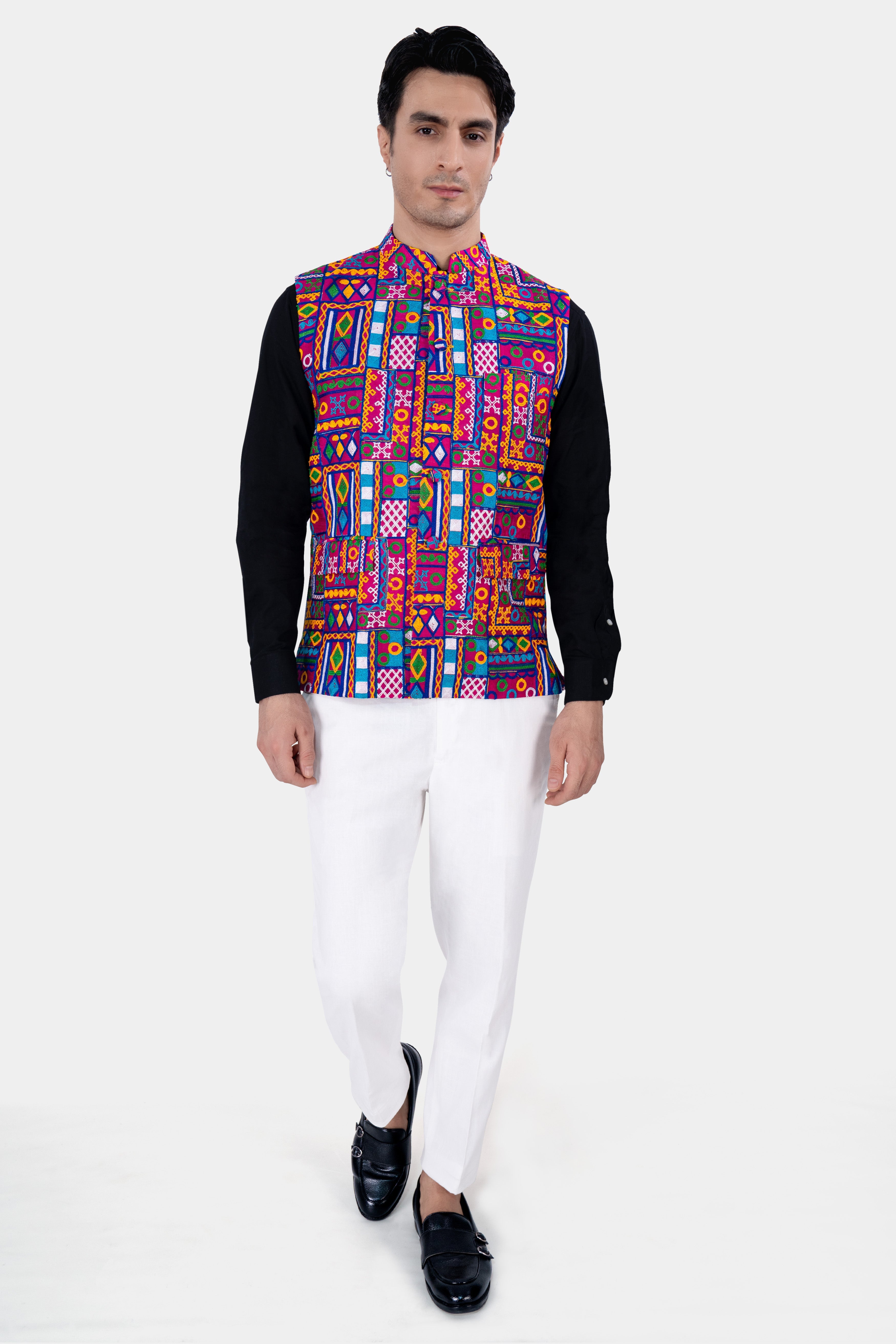 Fuchsia Pink and Smalt Blue Multicolour Cotton Thread Embroidered Nehru Jacket WC2885-36, WC2885-38, WC2885-40, WC2885-42, WC2885-44, WC2885-46, WC2885-48, WC2885-50, WC2885-52, WC2885-54, WC2885-56, WC2885-58, WC2885-60