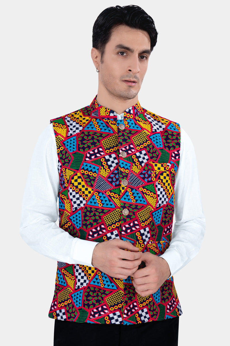 Rosso Red with Peel Yellow Multicolour Cotton Thread Embroidered Nehru Jacket