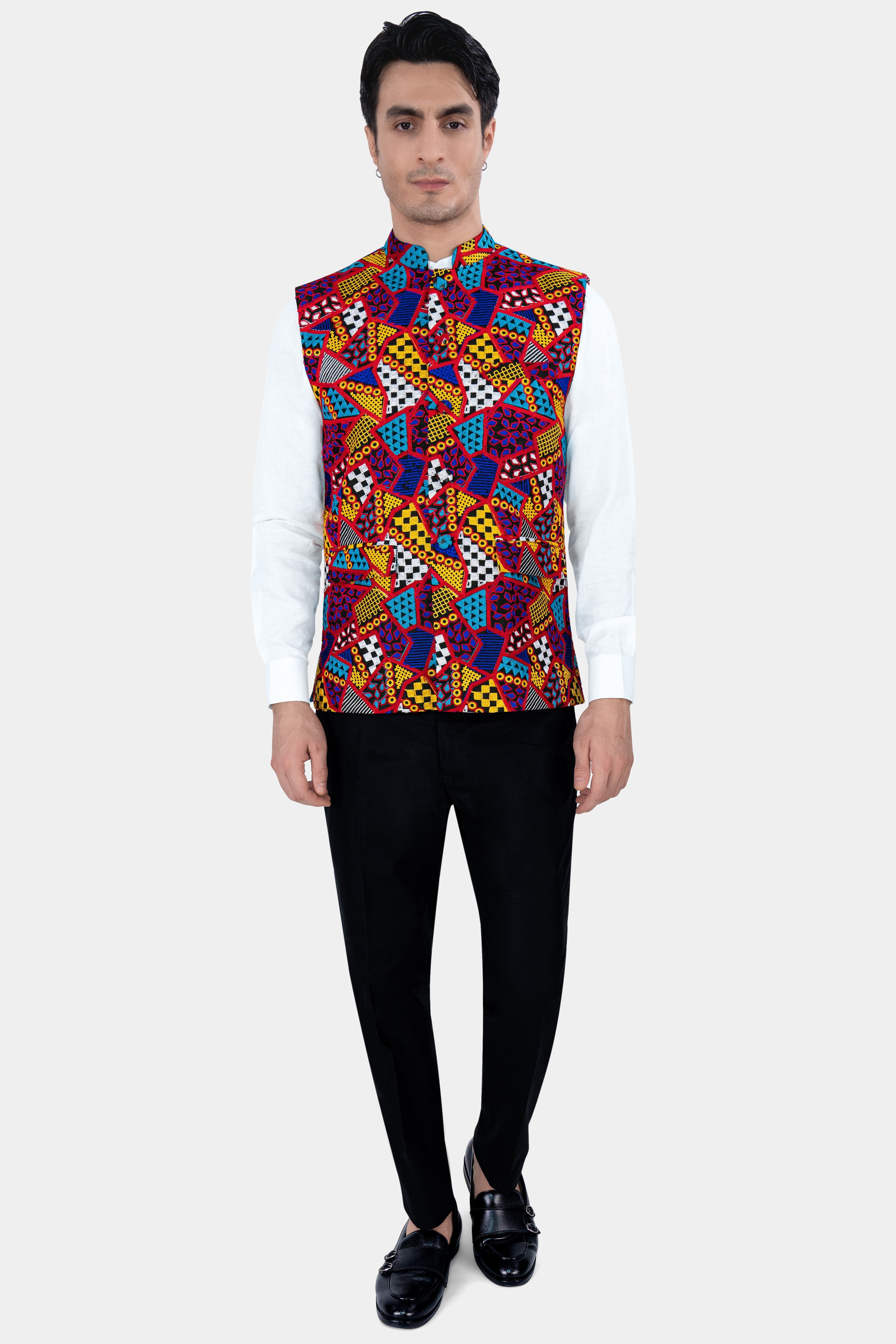 Canray Orange and Catalina Blue Multicolour Cotton Thread Embroidered Nehru Jacket WC2888-36, WC2888-38, WC2888-40, WC2888-42, WC2888-44, WC2888-46, WC2888-48, WC2888-50, WC2888-52, WC2888-54, WC2888-56, WC2888-58, WC2888-60