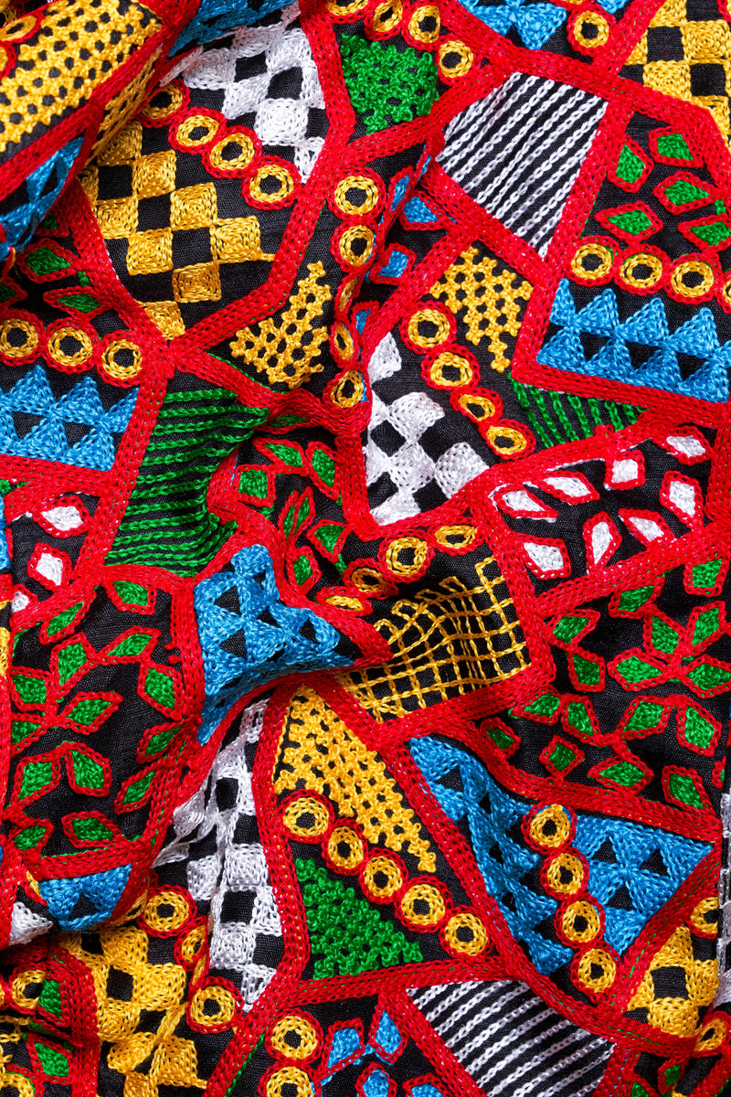 Carnelian Red and Kelly Green Multicolour Cotton Thread Embroidered Nehru Jacket