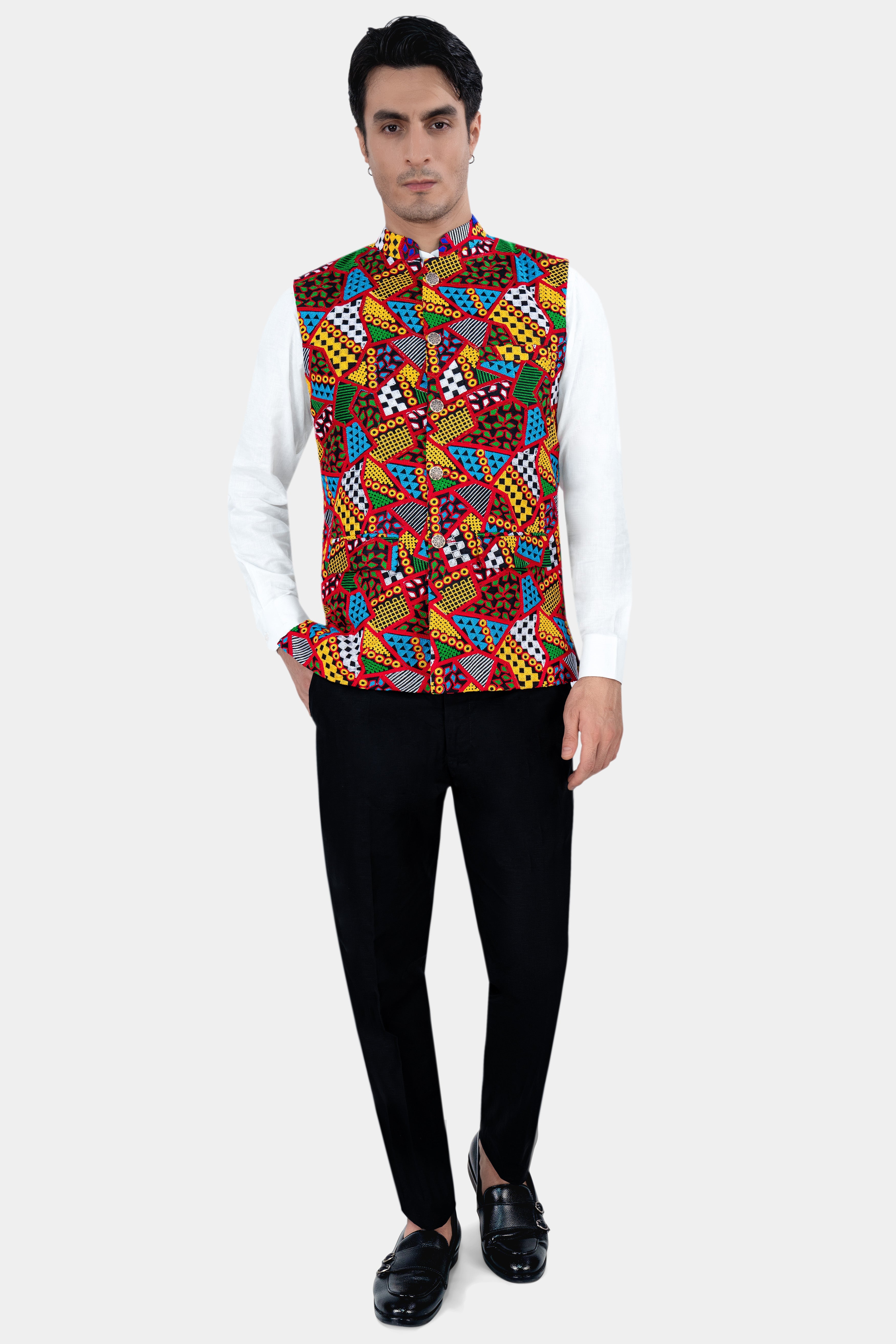 Carnelian Red and Kelly Green Multicolour Cotton Thread Embroidered Nehru Jacket WC2889-36, WC2889-38, WC2889-40, WC2889-42, WC2889-44, WC2889-46, WC2889-48, WC2889-50, WC2889-52, WC2889-54, WC2889-56, WC2889-58, WC2889-60