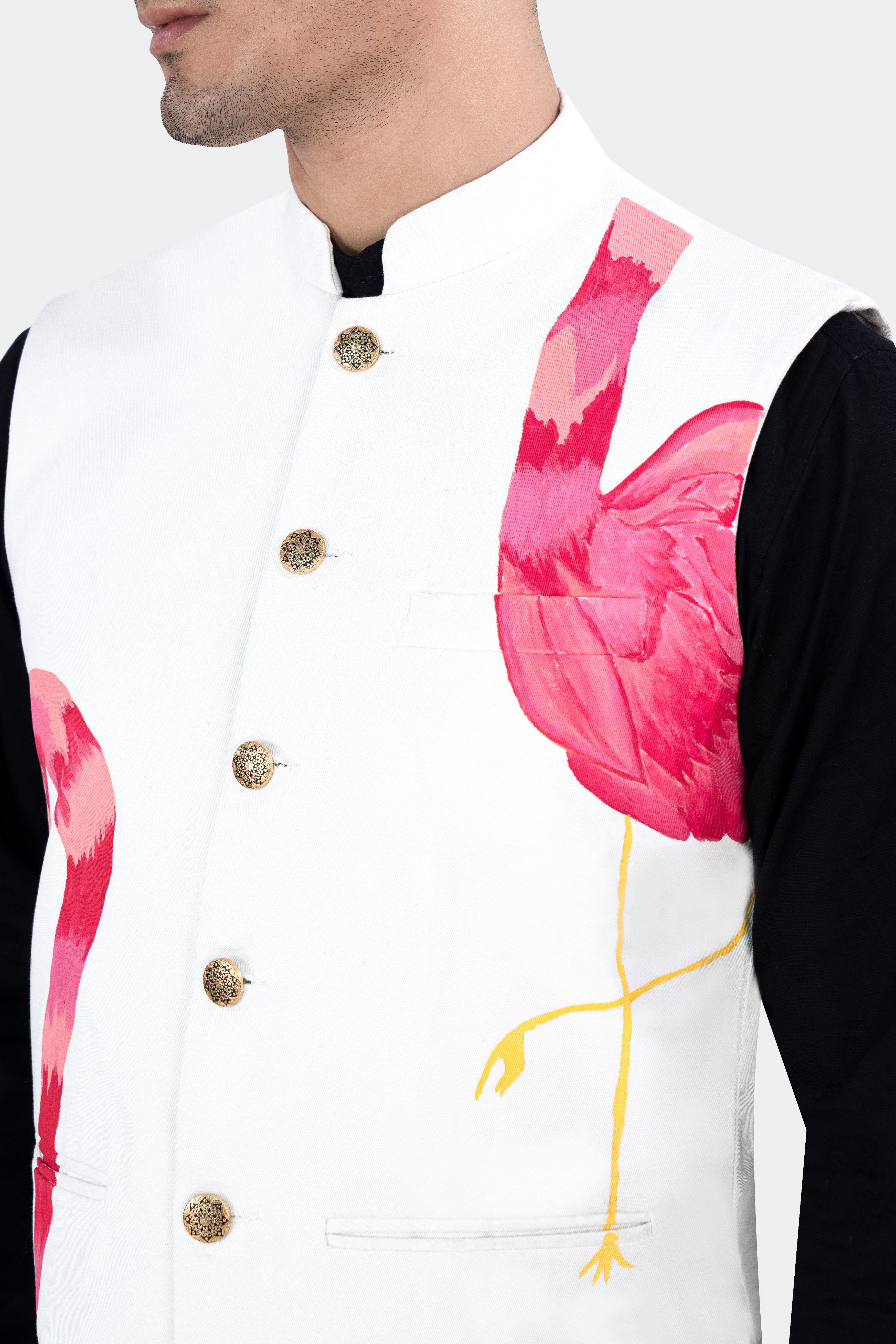 Bright White Swan Hand Painted Premium Cotton Designer Nehru Jacket WC2891-ART-36, WC2891-ART-38, WC2891-ART-40, WC2891-ART-42, WC2891-ART-44, WC2891-ART-46, WC2891-ART-48, WC2891-ART-50, WC2891-ART-52, WC2891-ART-54, WC2891-ART-56, WC2891-ART-58, WC2891-ART-60