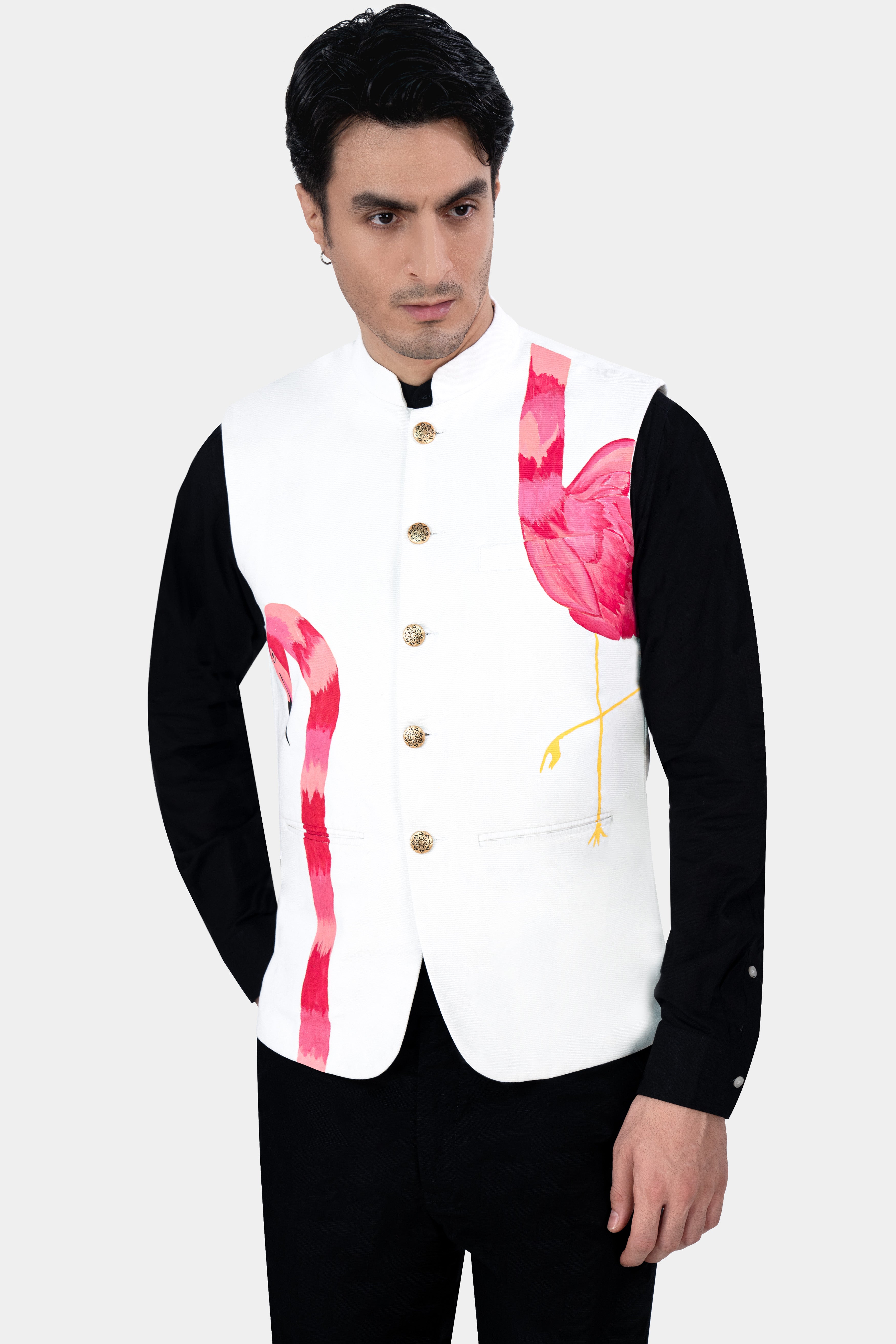 Bright White Swan Hand Painted Premium Cotton Designer Nehru Jacket WC2891-ART-36, WC2891-ART-38, WC2891-ART-40, WC2891-ART-42, WC2891-ART-44, WC2891-ART-46, WC2891-ART-48, WC2891-ART-50, WC2891-ART-52, WC2891-ART-54, WC2891-ART-56, WC2891-ART-58, WC2891-ART-60