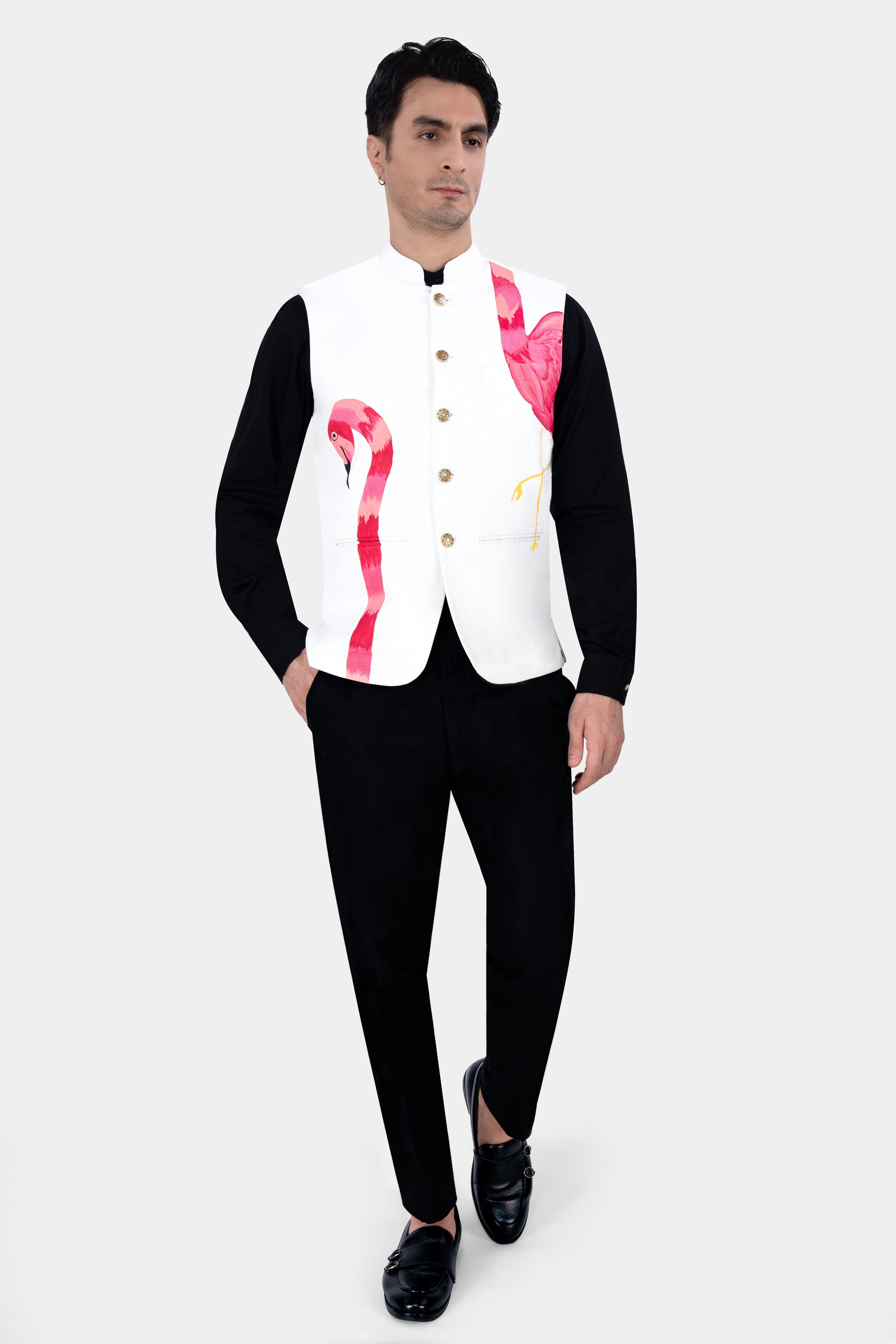 Bright White Swan Hand Painted Premium Cotton Designer Nehru Jacket WC2891-ART-36, WC2891-ART-38, WC2891-ART-40, WC2891-ART-42, WC2891-ART-44, WC2891-ART-46, WC2891-ART-48, WC2891-ART-50, WC2891-ART-52, WC2891-ART-54, WC2891-ART-56, WC2891-ART-58, WC2891-ART-60
