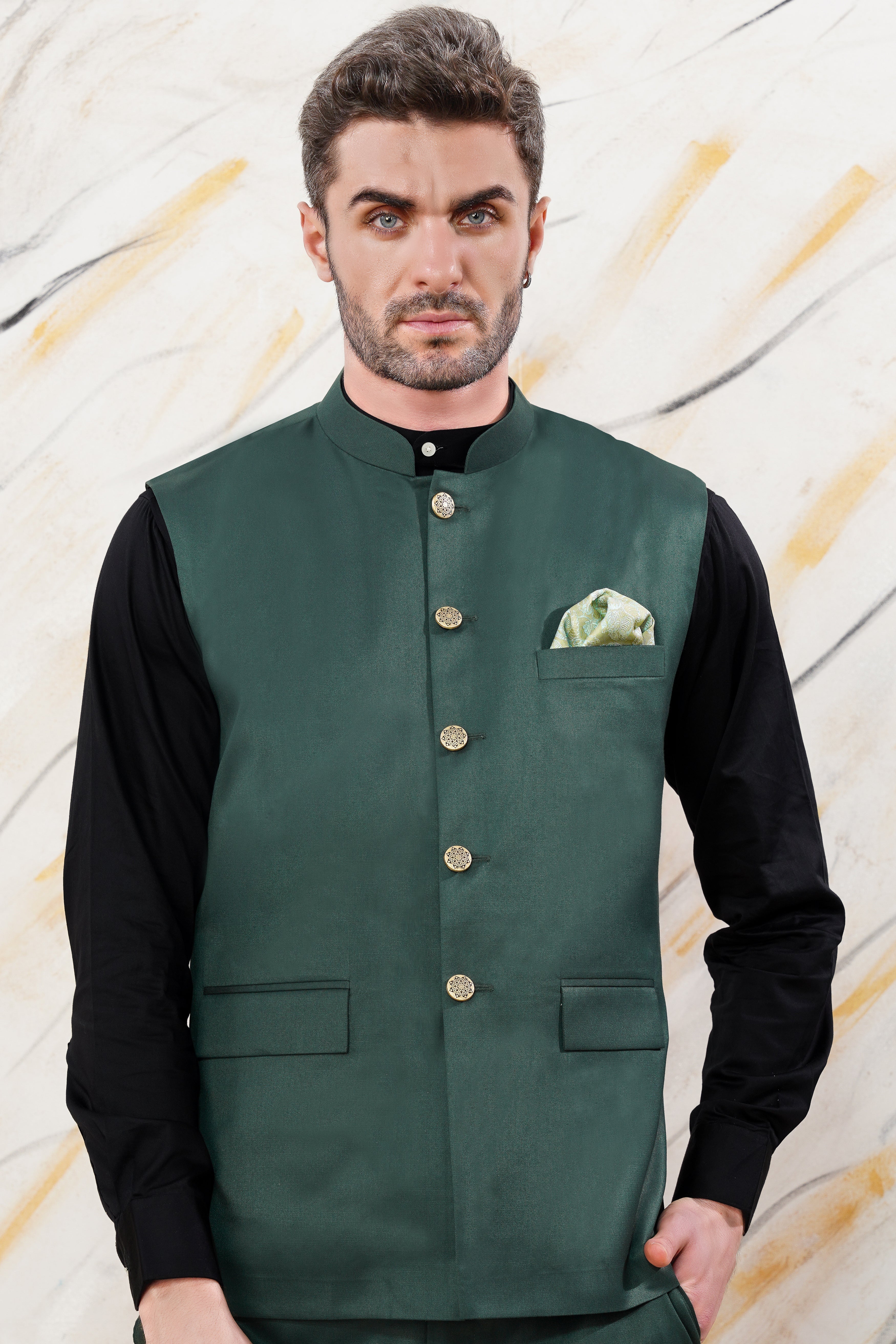 Gable Green Wool Rich Nehru Jacket WC3051-36, WC3051-38, WC3051-40, WC3051-42, WC3051-44, WC3051-46, WC3051-48, WC3051-50, WC3051-52, WC3051-54, WC3051-56, WC3051-58, WC3051-60