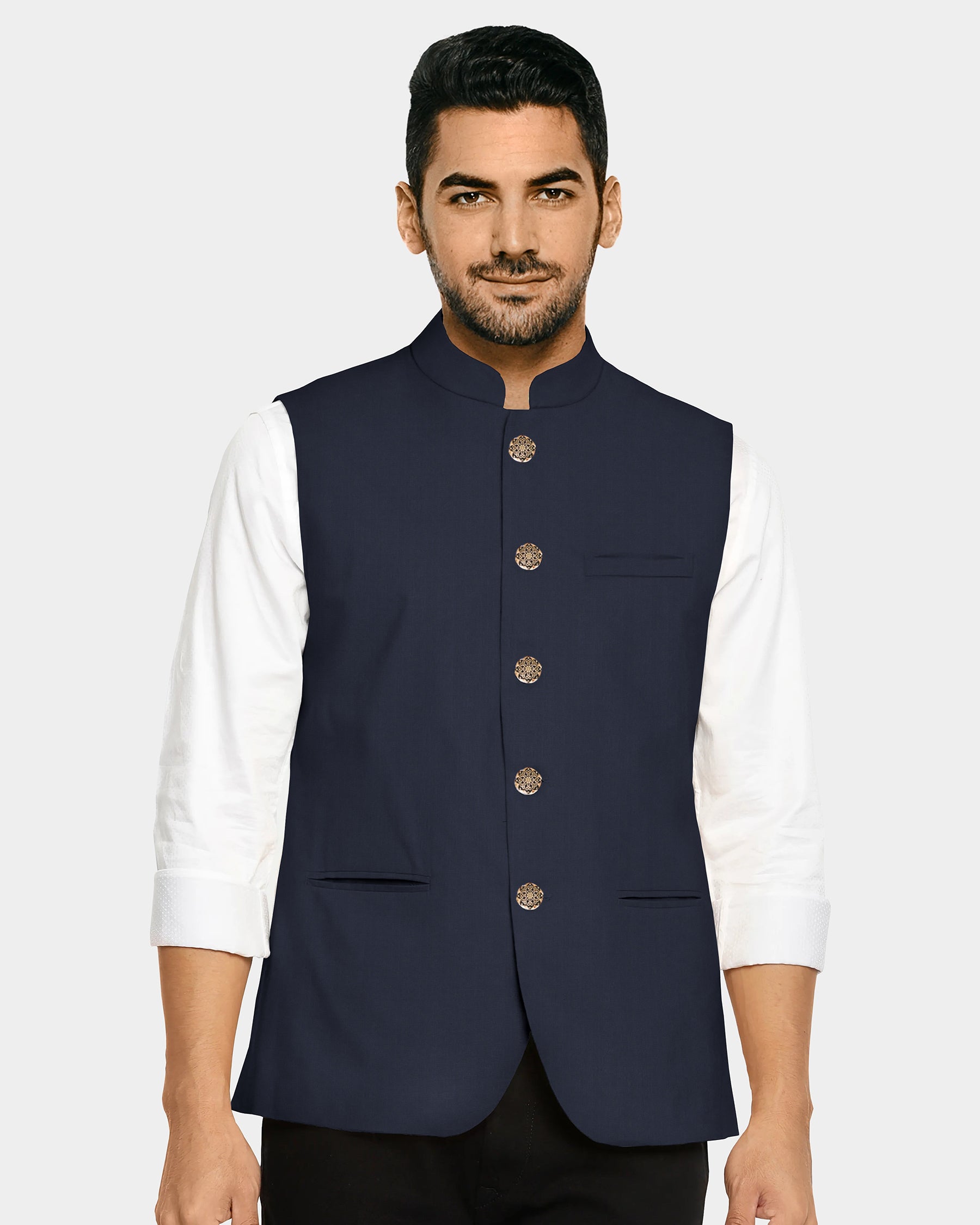Navy Wool Blend Nehru Jacket