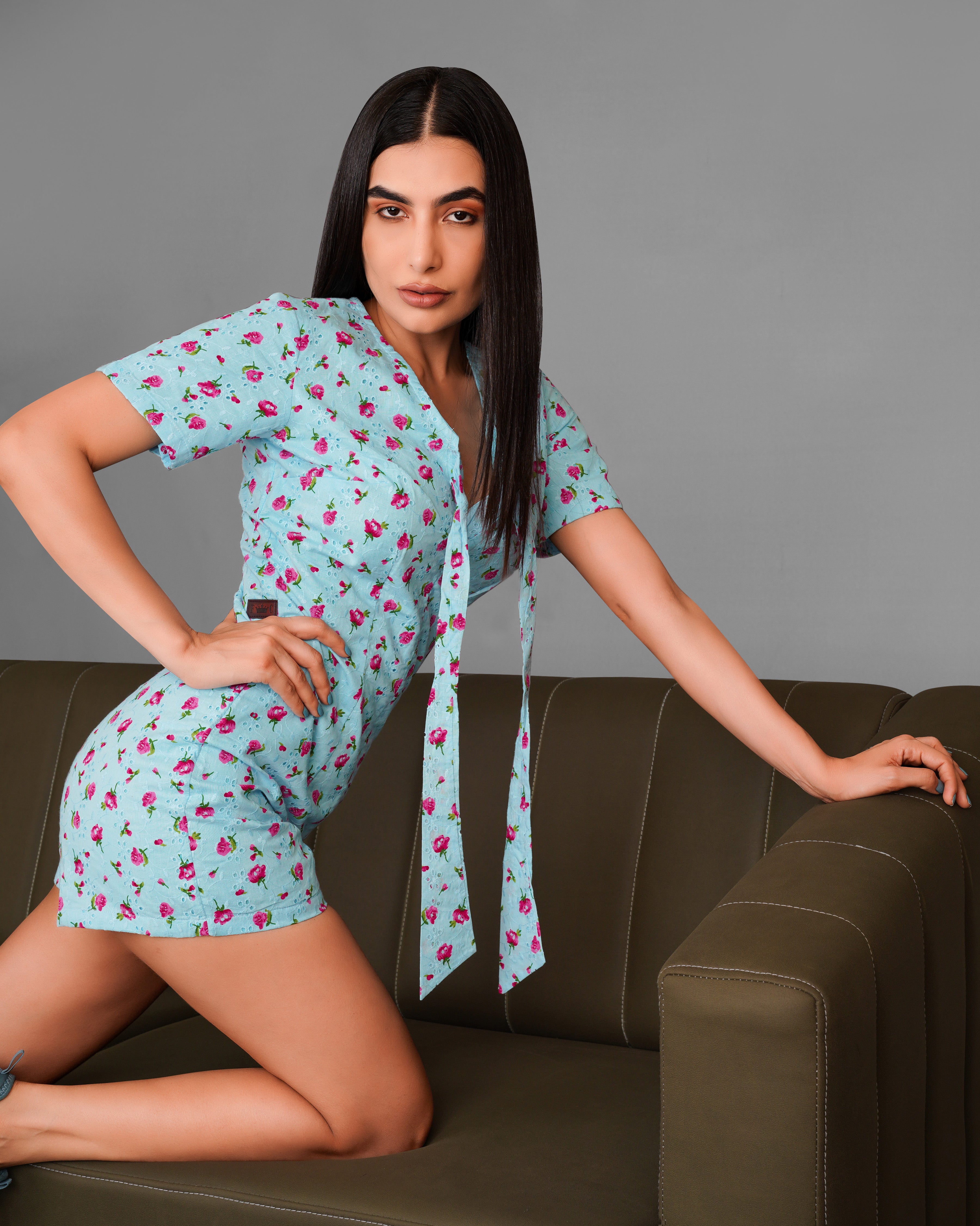Cerulean Blue Rose Printed Premium Cotton Jumpsuit WD006-32, WD006-34, WD006-36, WD006-38, WD006-40, WD006-42