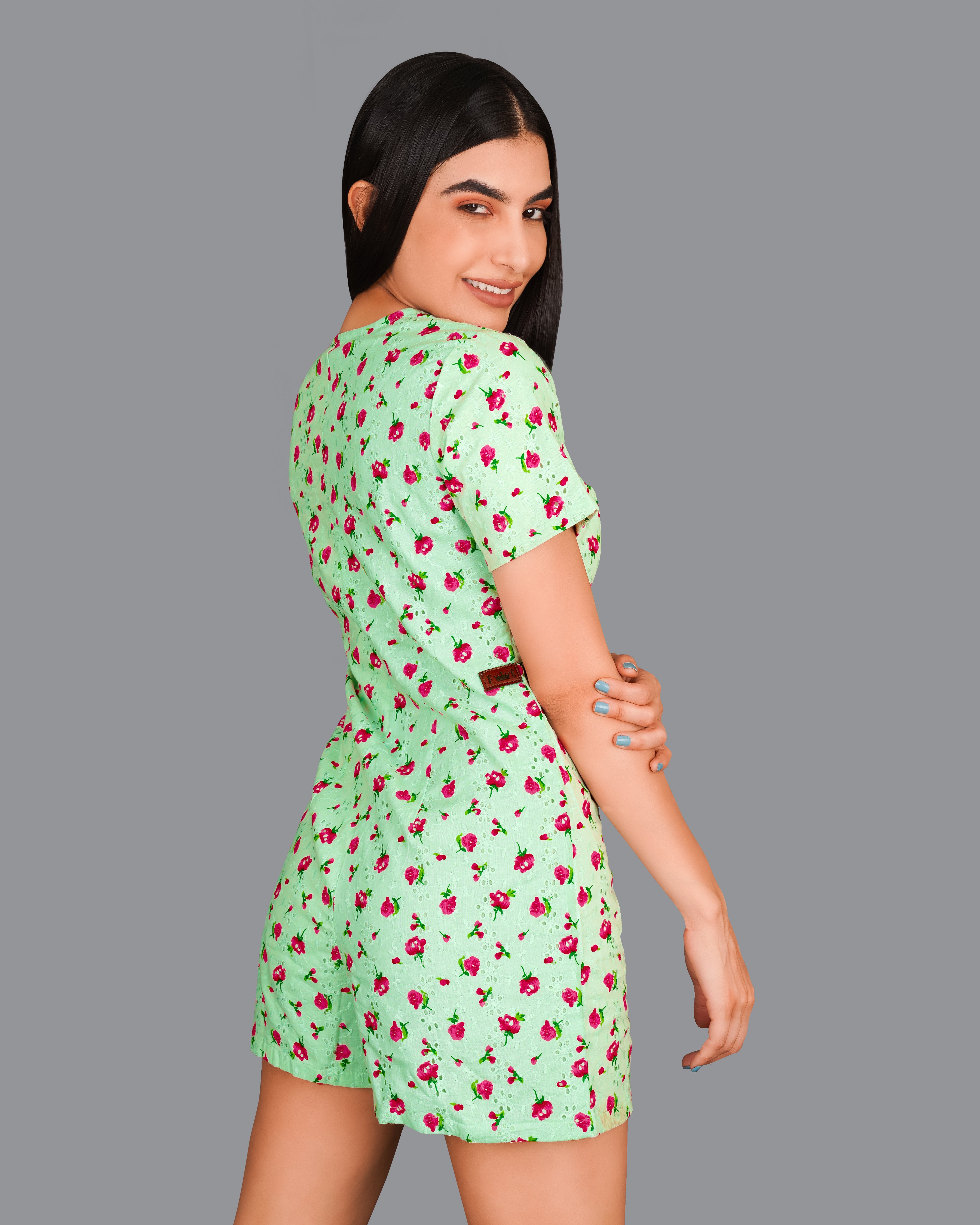 Celadon Green Rose Printed Premium Cotton Jumpsuit WD008-32, WD008-34, WD008-36, WD008-38, WD008-40, WD008-42
