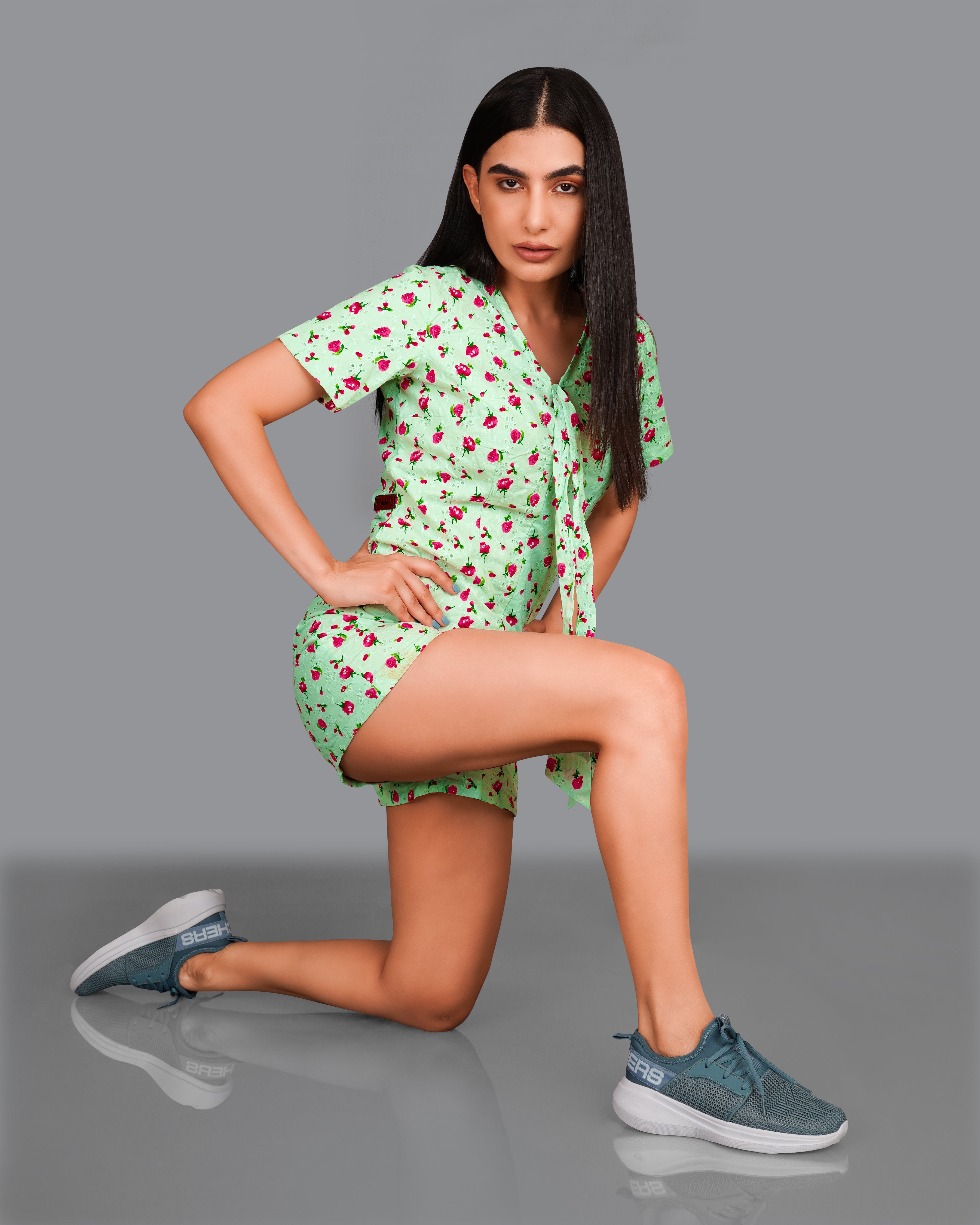 Celadon Green Rose Printed Premium Cotton Jumpsuit WD008-32, WD008-34, WD008-36, WD008-38, WD008-40, WD008-42