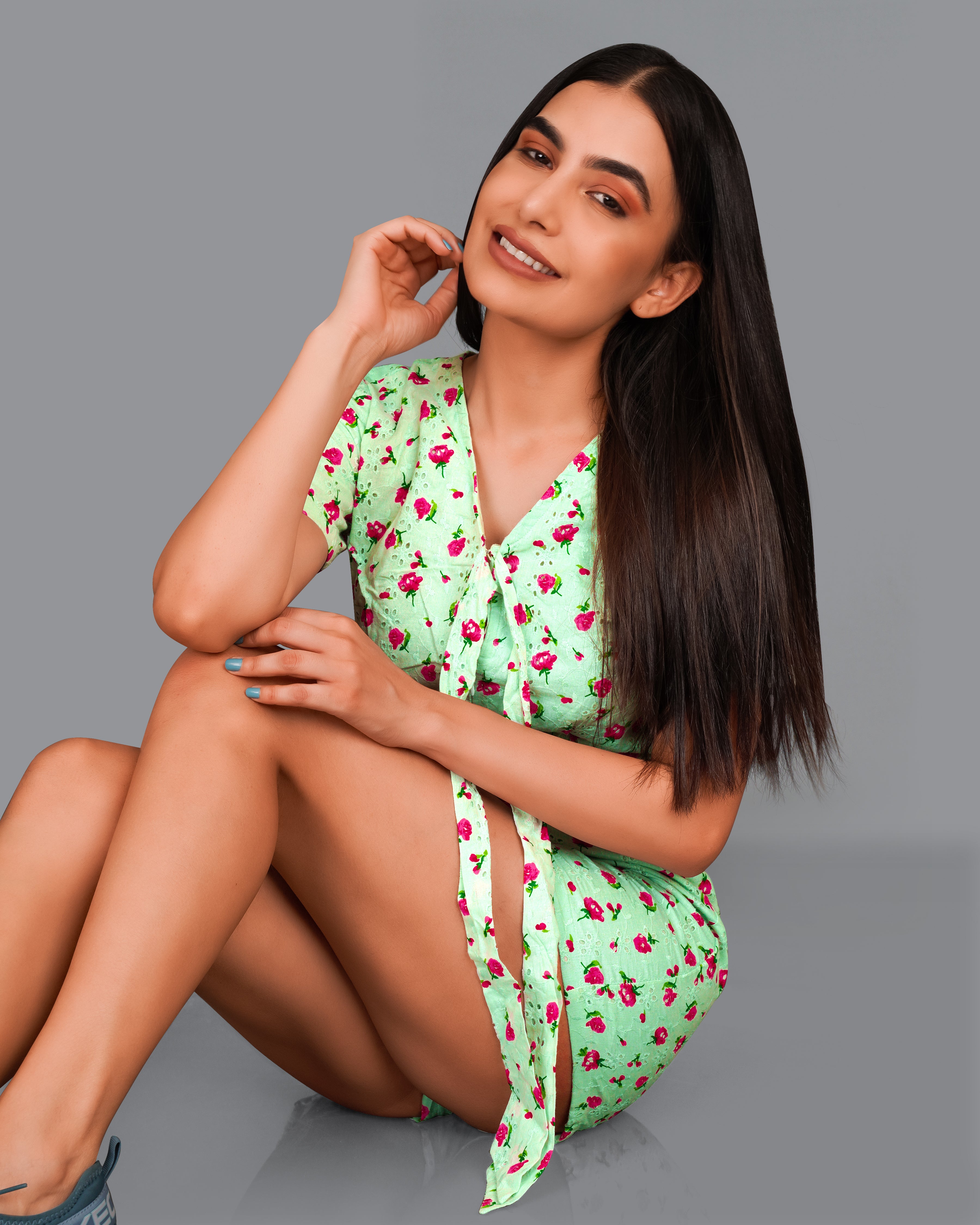 Celadon Green Rose Printed Premium Cotton Jumpsuit WD008-32, WD008-34, WD008-36, WD008-38, WD008-40, WD008-42