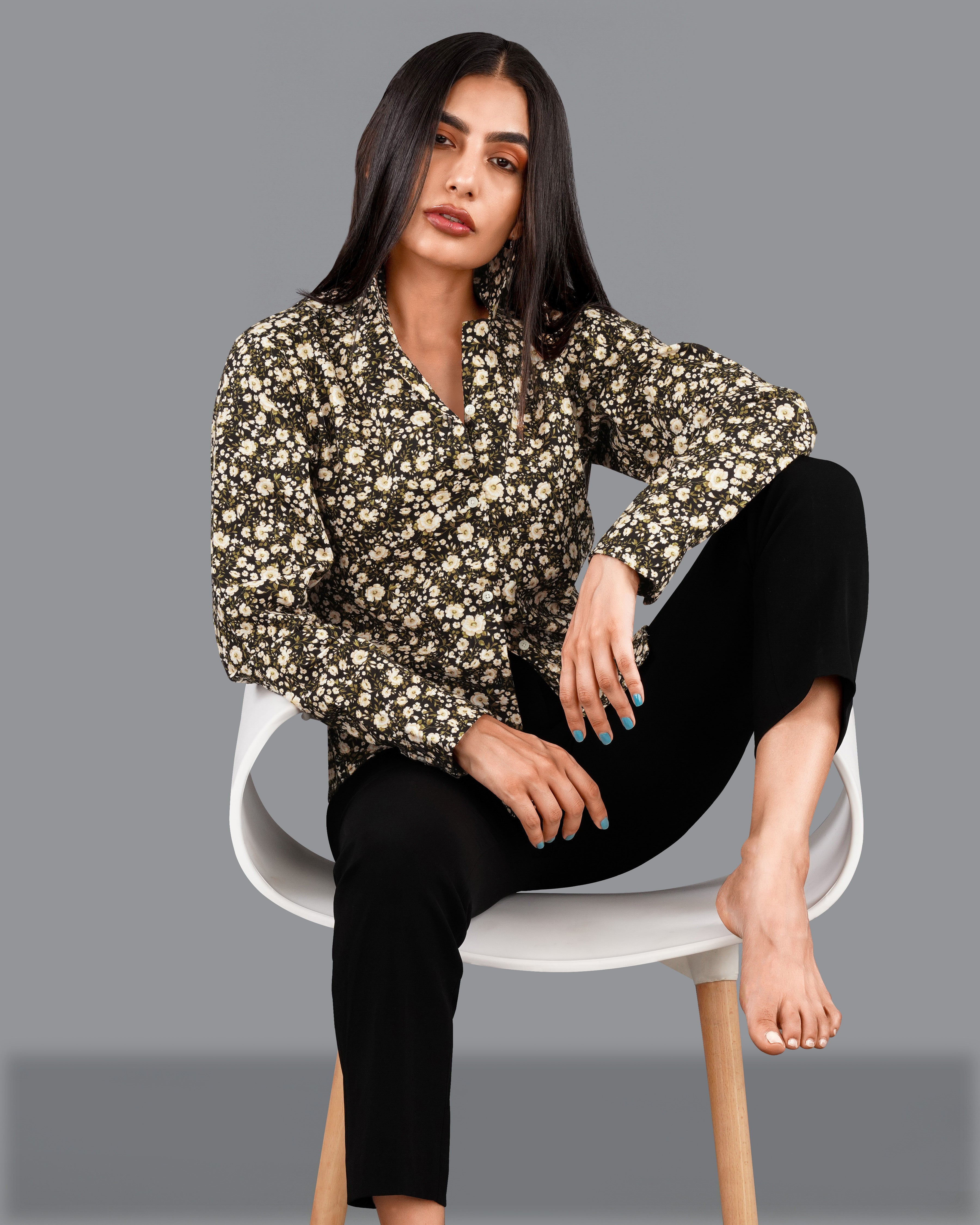 Jade Black with Timberwolf Cream Ditsy Printed Premium Cotton Shirt WS002-32, WS002-34, WS002-36, WS002-38, WS002-40, WS002-42