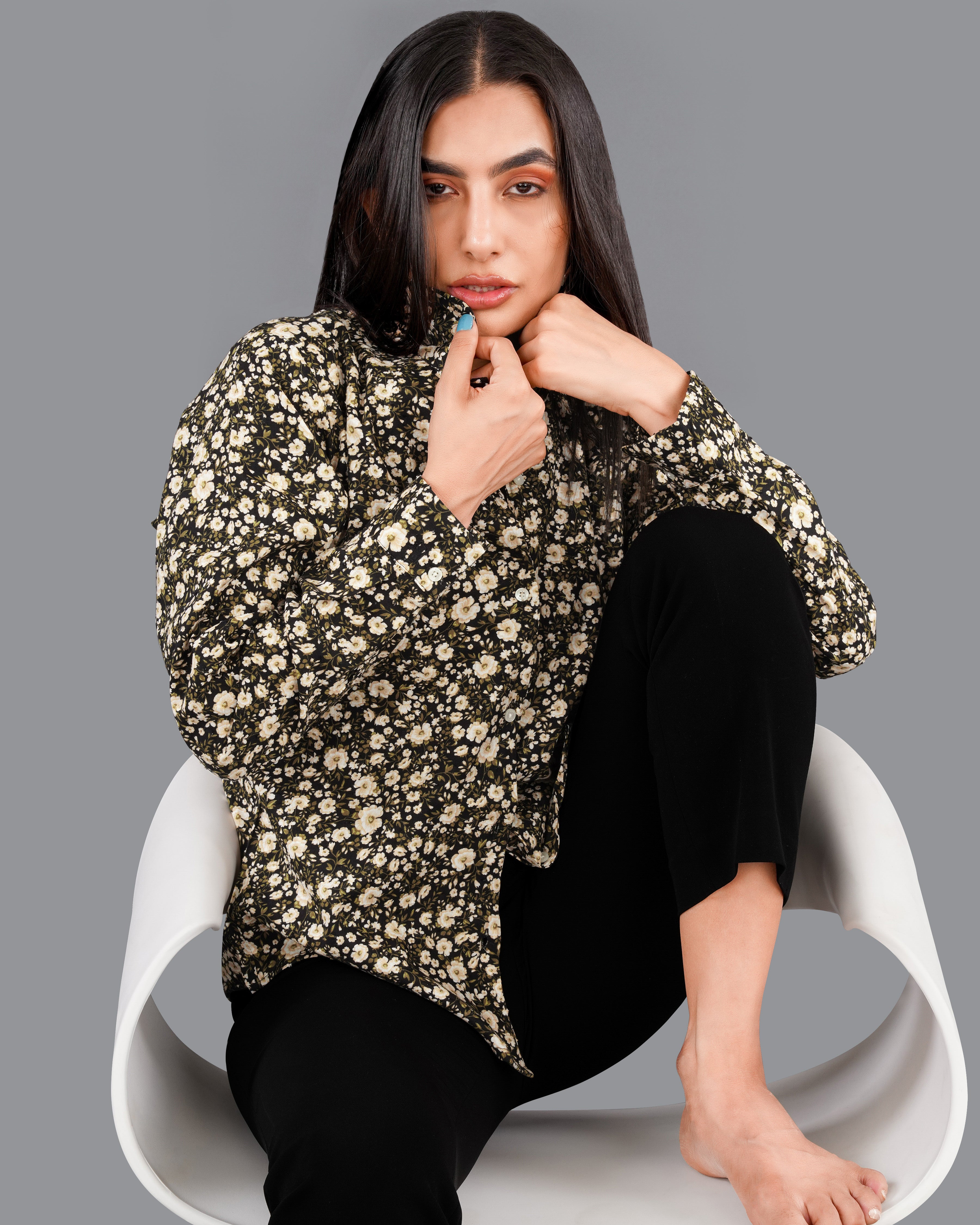 Jade Black with Timberwolf Cream Ditsy Printed Premium Cotton Shirt WS002-32, WS002-34, WS002-36, WS002-38, WS002-40, WS002-42