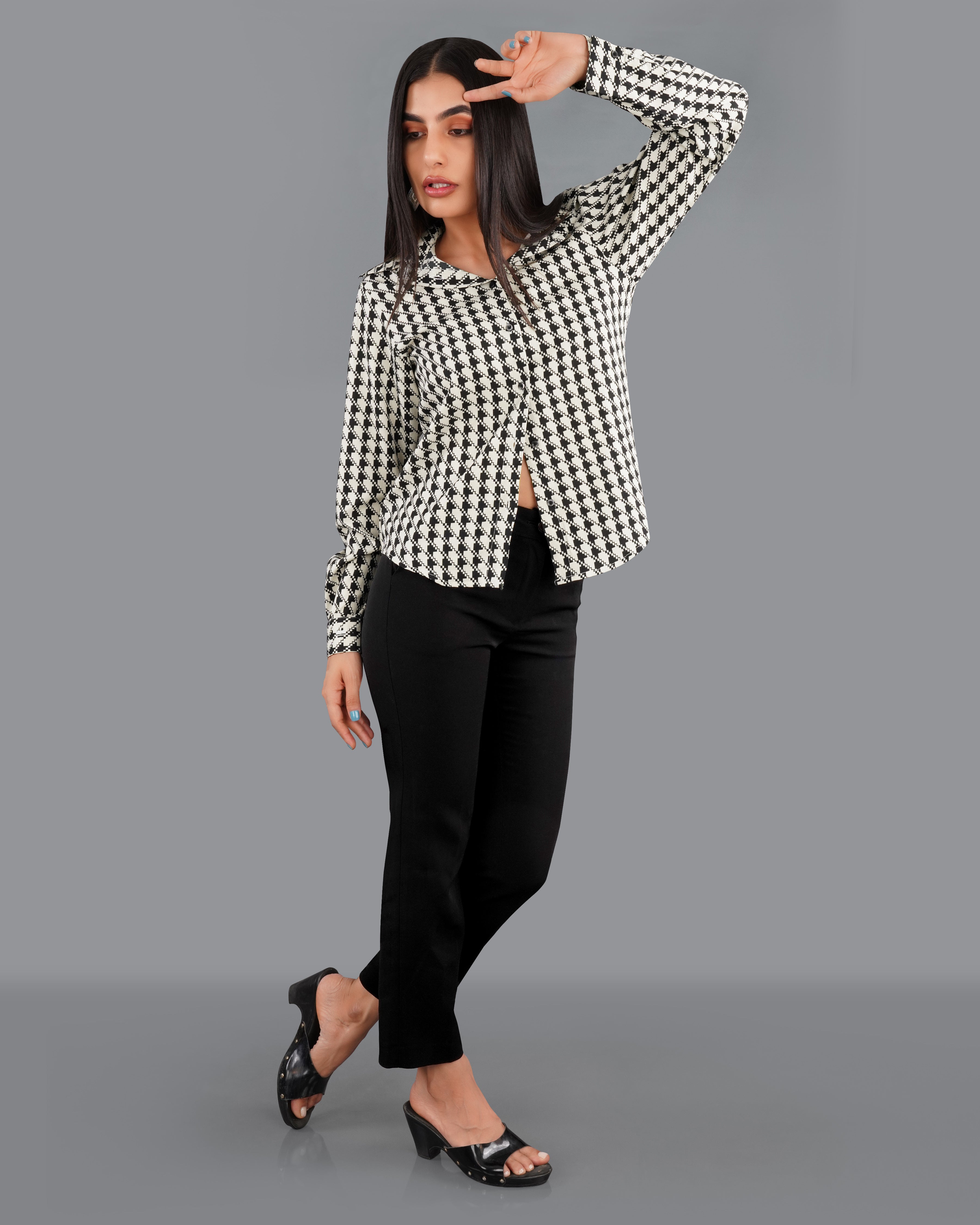 Mercury Cream and Black Houndstooth Premium Tencel Shirt WS006-BLK-32, WS006-BLK-34, WS006-BLK-36, WS006-BLK-38, WS006-BLK-40, WS006-BLK-42
