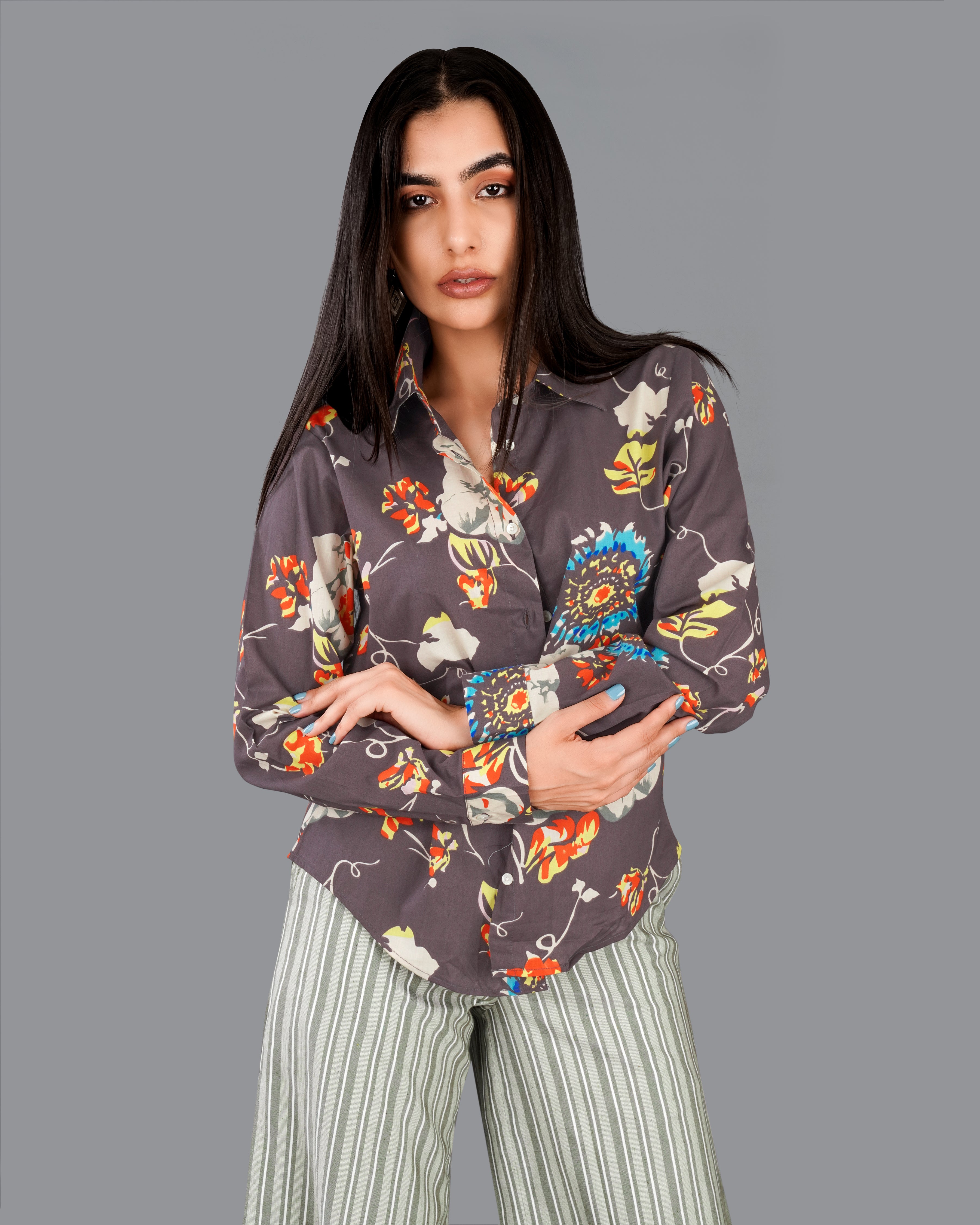 Fuscous Brown Floral Printed Premium Cotton Shirt WS018-32, WS018-34, WS018-36, WS018-38, WS018-40, WS018-42