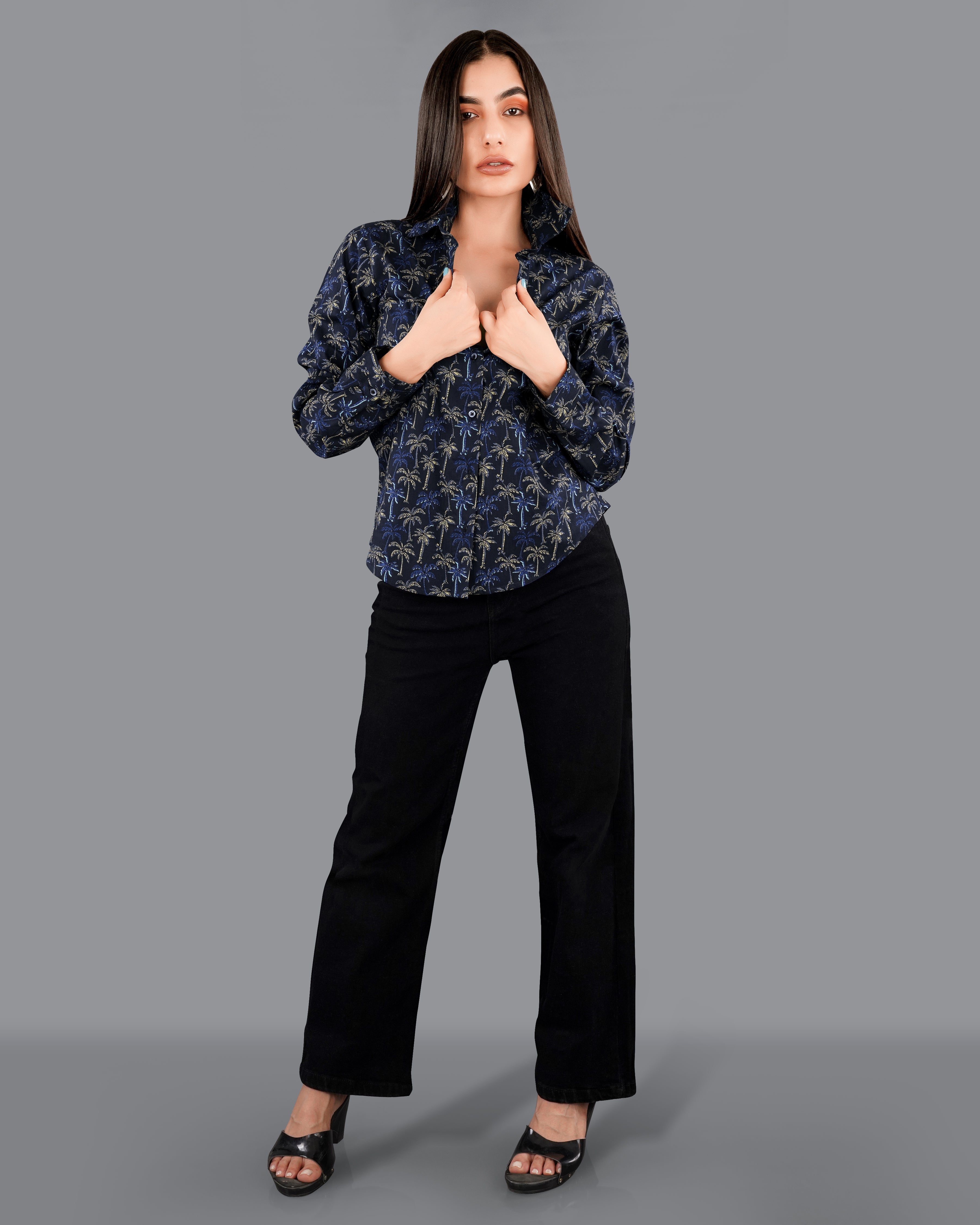 Rangoon Blue Multicolour Trees Printed Premium Cotton Shirt WS029-BLE-32, WS029-BLE-34, WS029-BLE-36, WS029-BLE-38, WS029-BLE-40, WS029-BLE-42