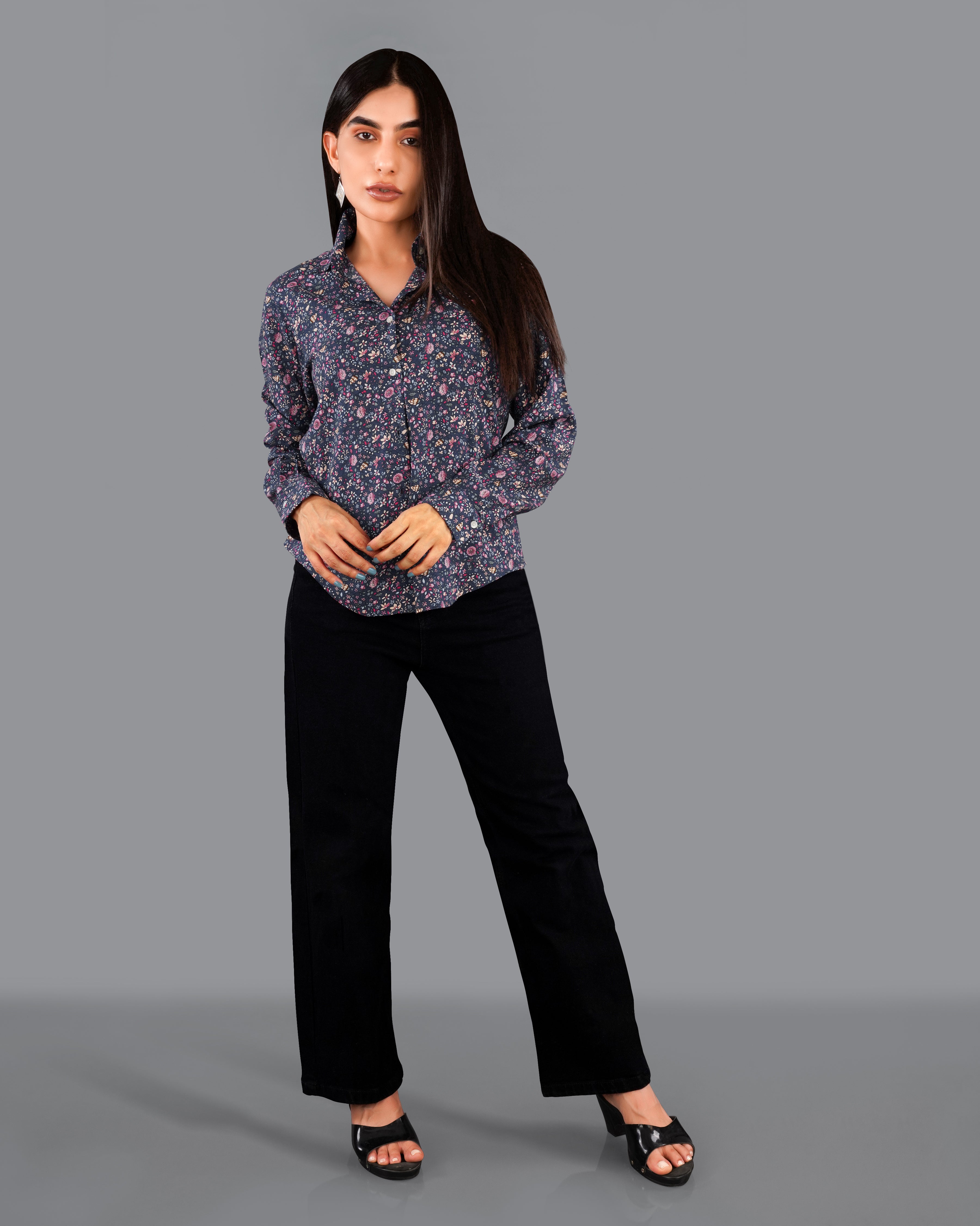 Ebony Blue Ditsy Printed Premium Tencel Shirt WS033-32, WS033-34, WS033-36, WS033-38, WS033-40, WS033-42