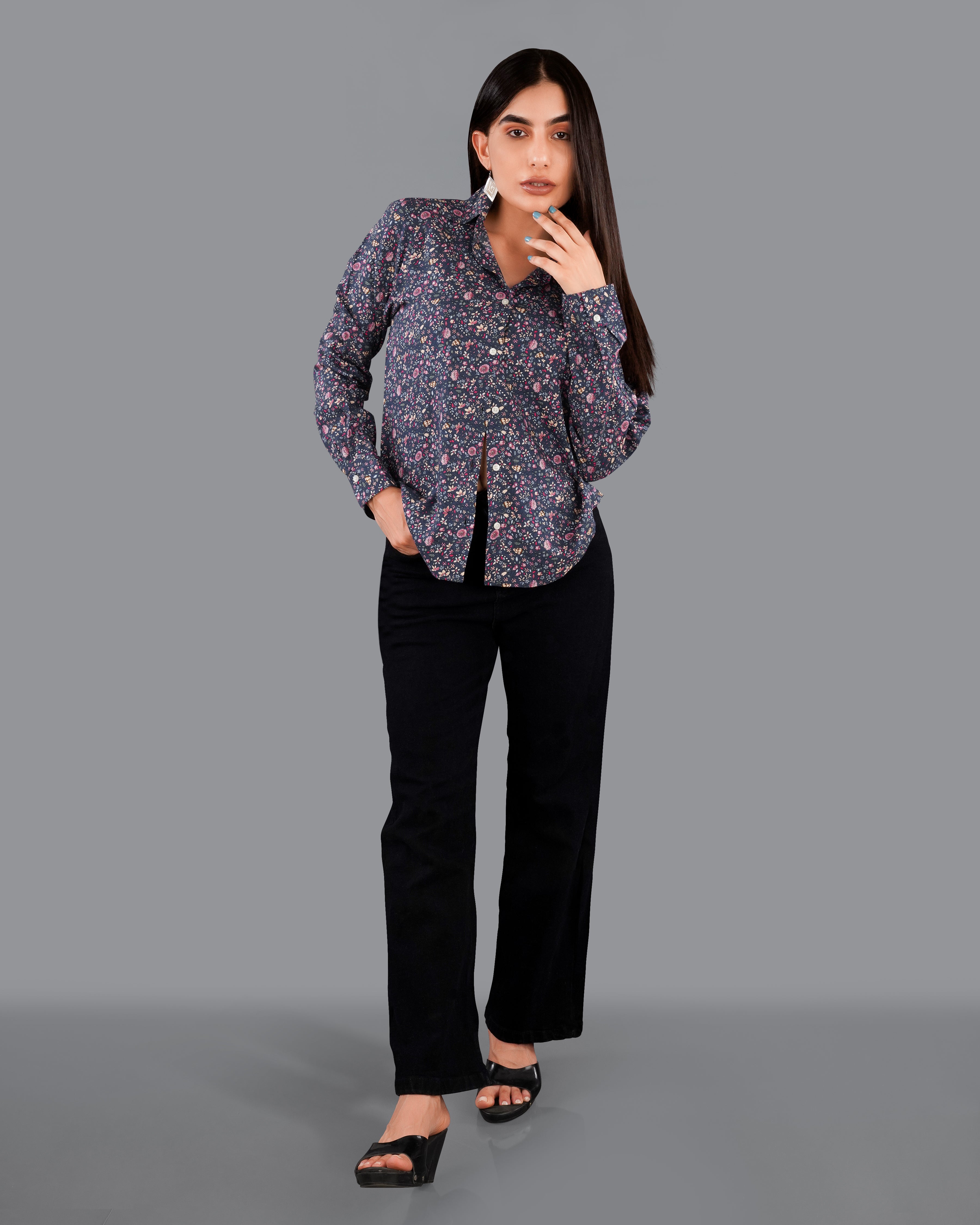 Ebony Blue Ditsy Printed Premium Tencel Shirt WS033-32, WS033-34, WS033-36, WS033-38, WS033-40, WS033-42