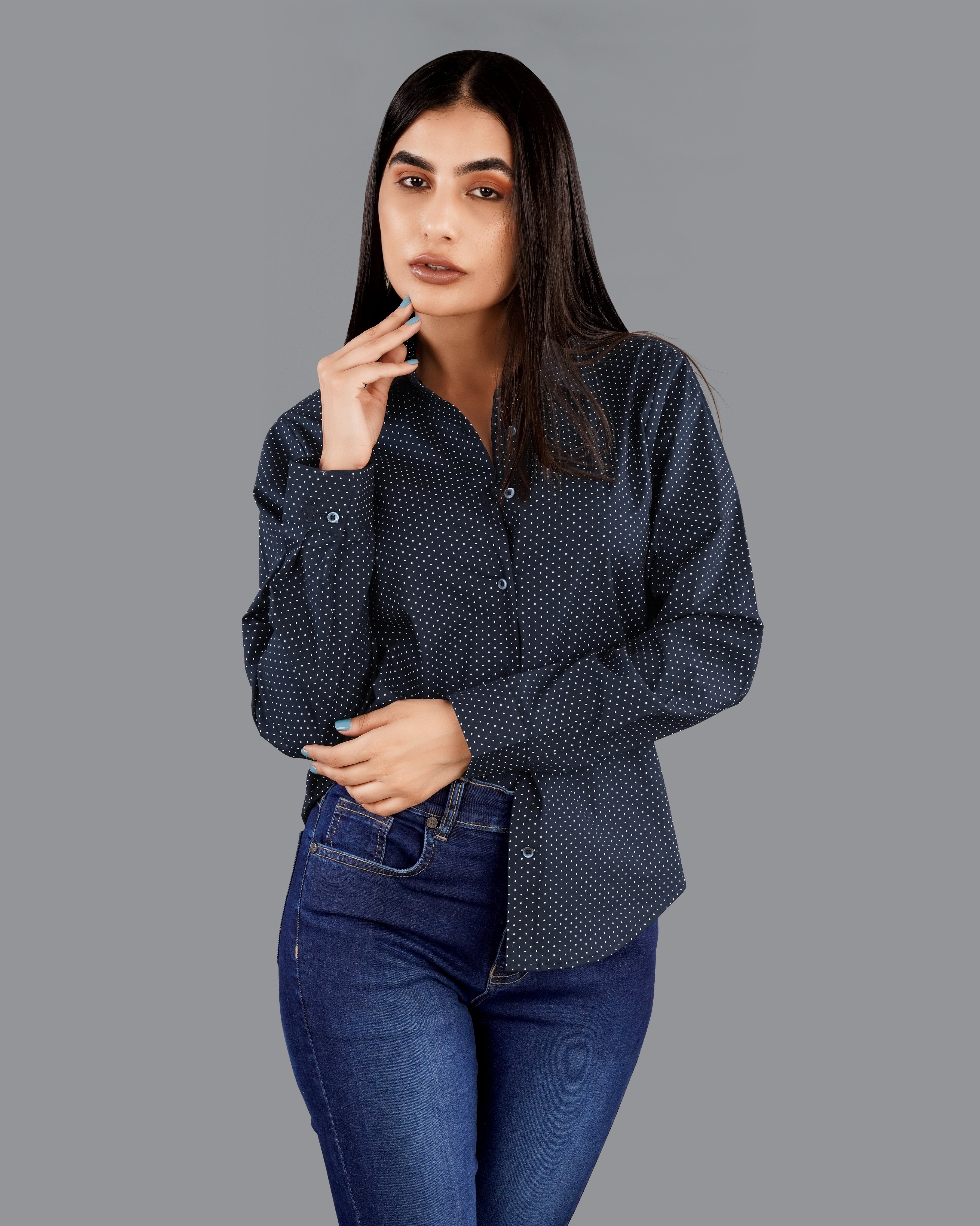 Ebony Clay Blue Polka Dotted Premium Cotton Shirt WS045-BLE-32, WS045-BLE-34, WS045-BLE-36, WS045-BLE-38, WS045-BLE-40, WS045-BLE-42