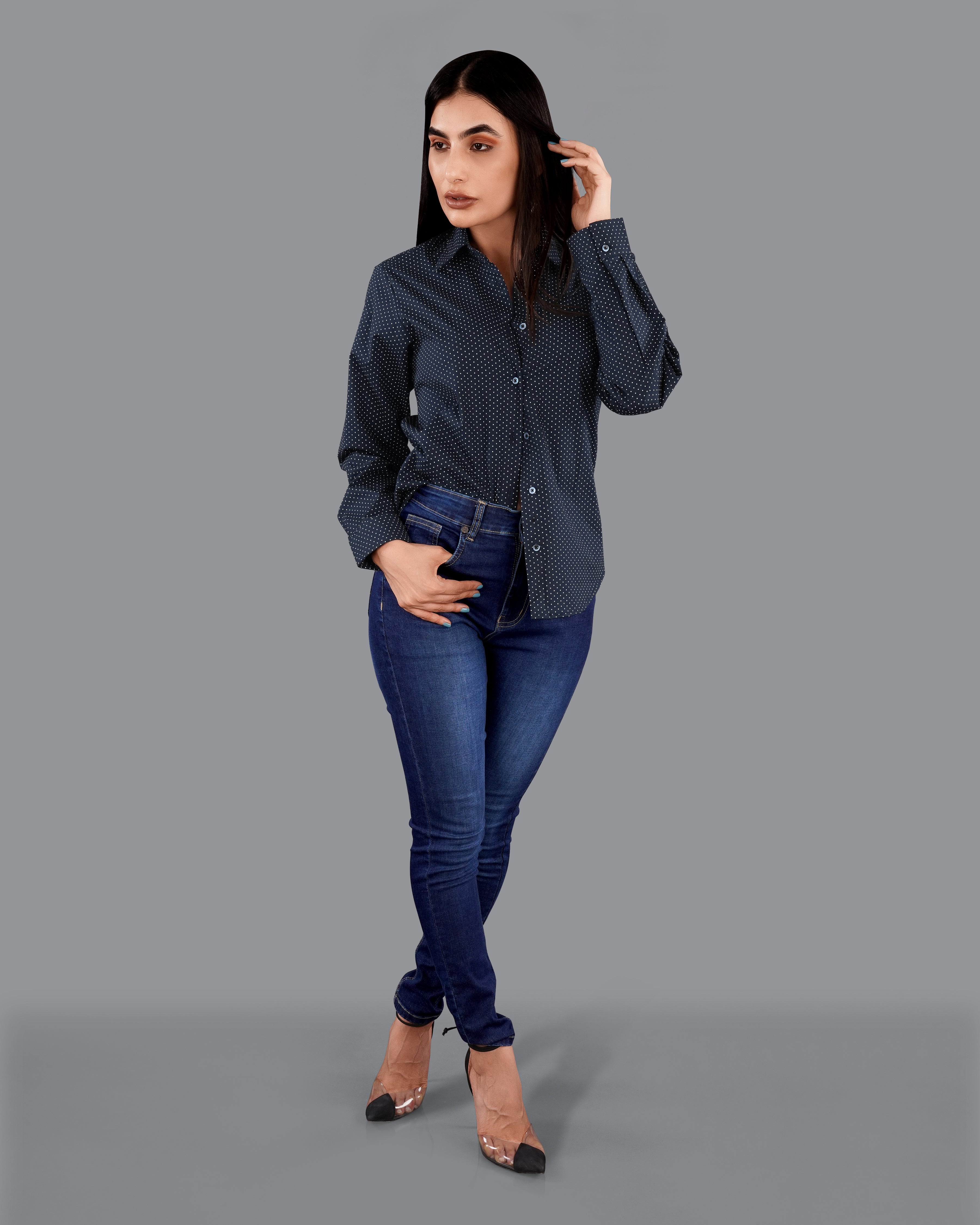 Ebony Clay Blue Polka Dotted Premium Cotton Shirt WS045-BLE-32, WS045-BLE-34, WS045-BLE-36, WS045-BLE-38, WS045-BLE-40, WS045-BLE-42