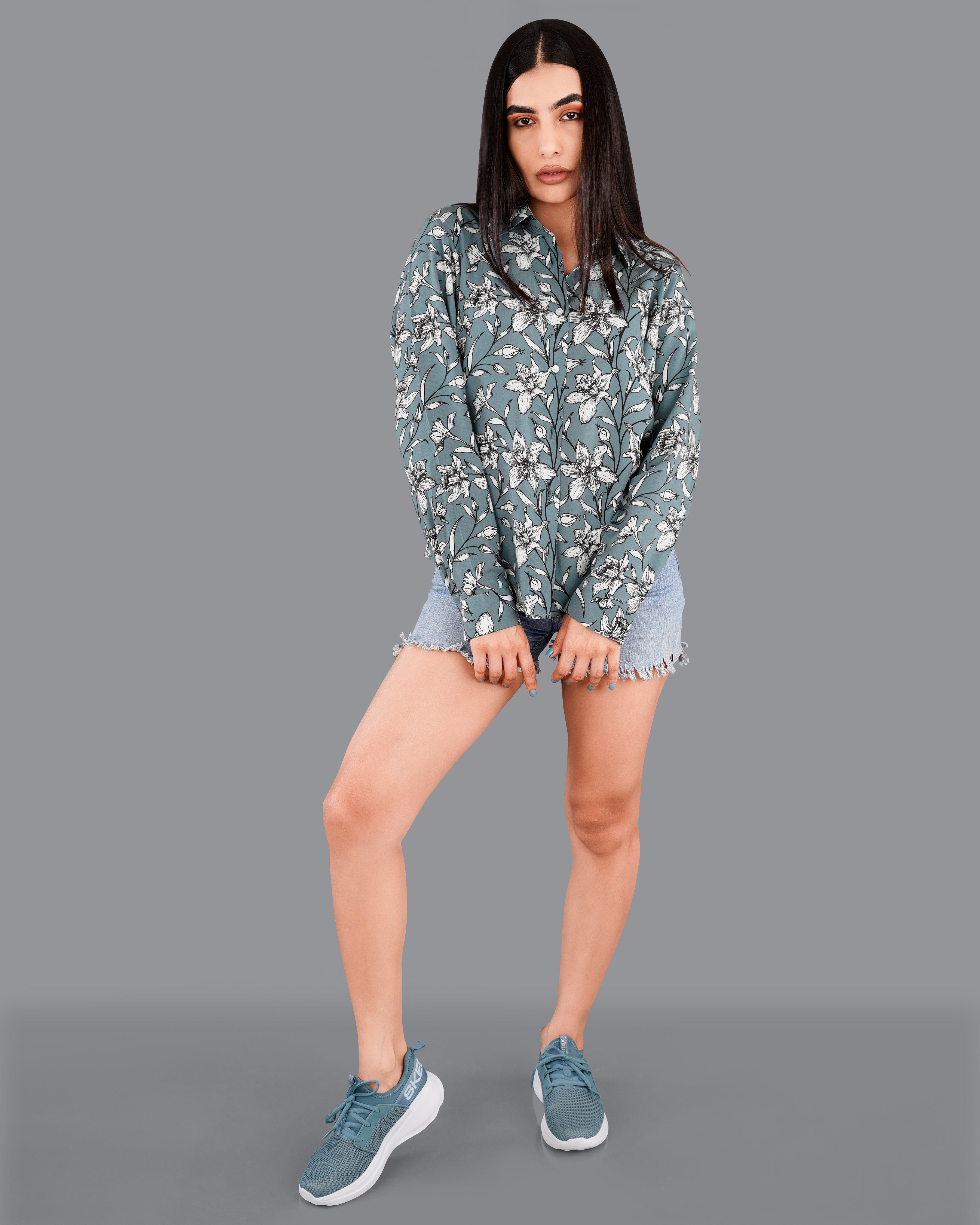 Turquoise Gray Floral Printed Premium Tencel Shirt WS049-32, WS049-34, WS049-36, WS049-38, WS049-40, WS049-42