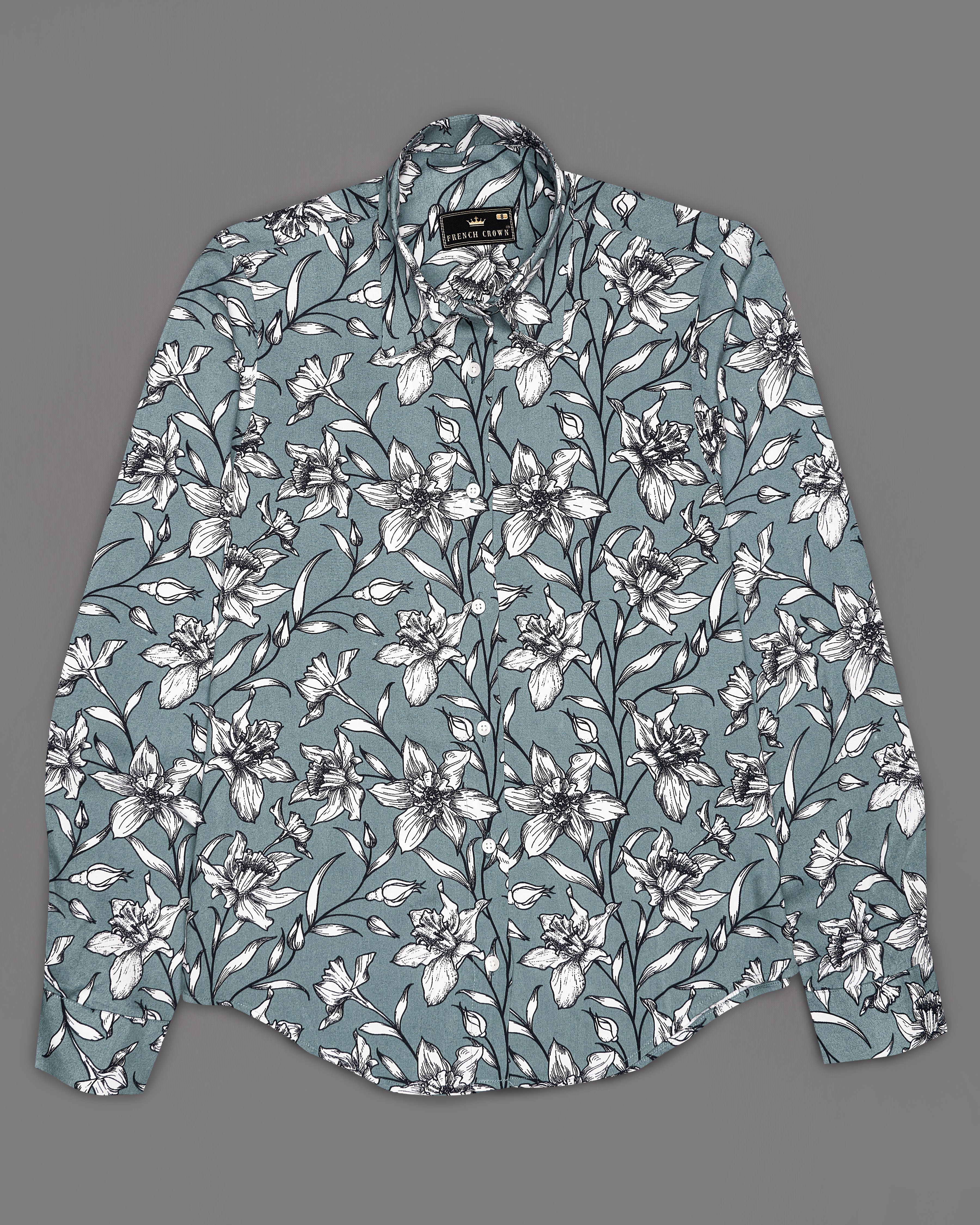 Turquoise Gray Floral Printed Premium Tencel Shirt WS049-32, WS049-34, WS049-36, WS049-38, WS049-40, WS049-42