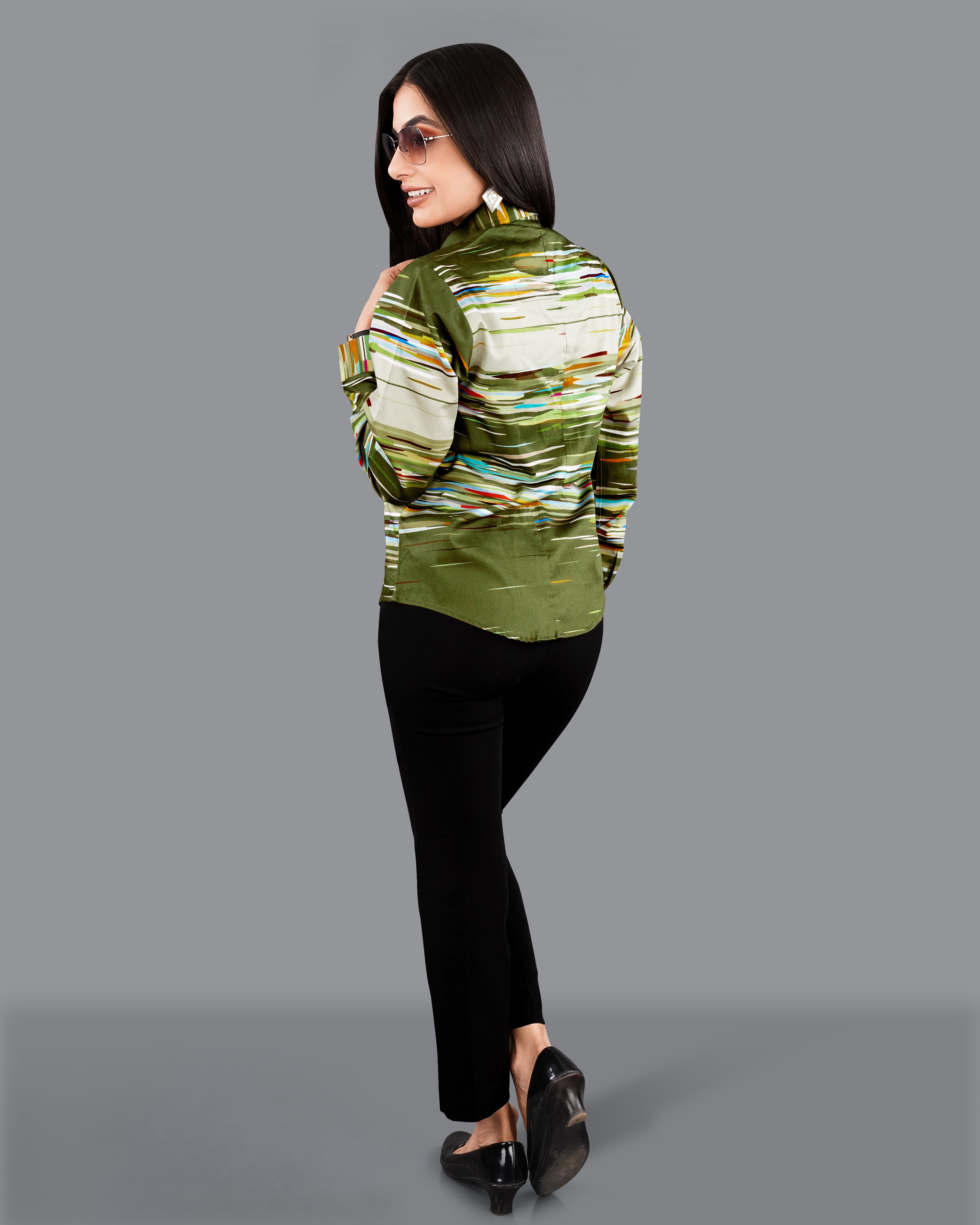 Verdigris Green Multicolour Printed Premium Tencel Shirt WS050-BLE-32, WS050-BLE-34, WS050-BLE-36, WS050-BLE-38, WS050-BLE-40, WS050-BLE-42