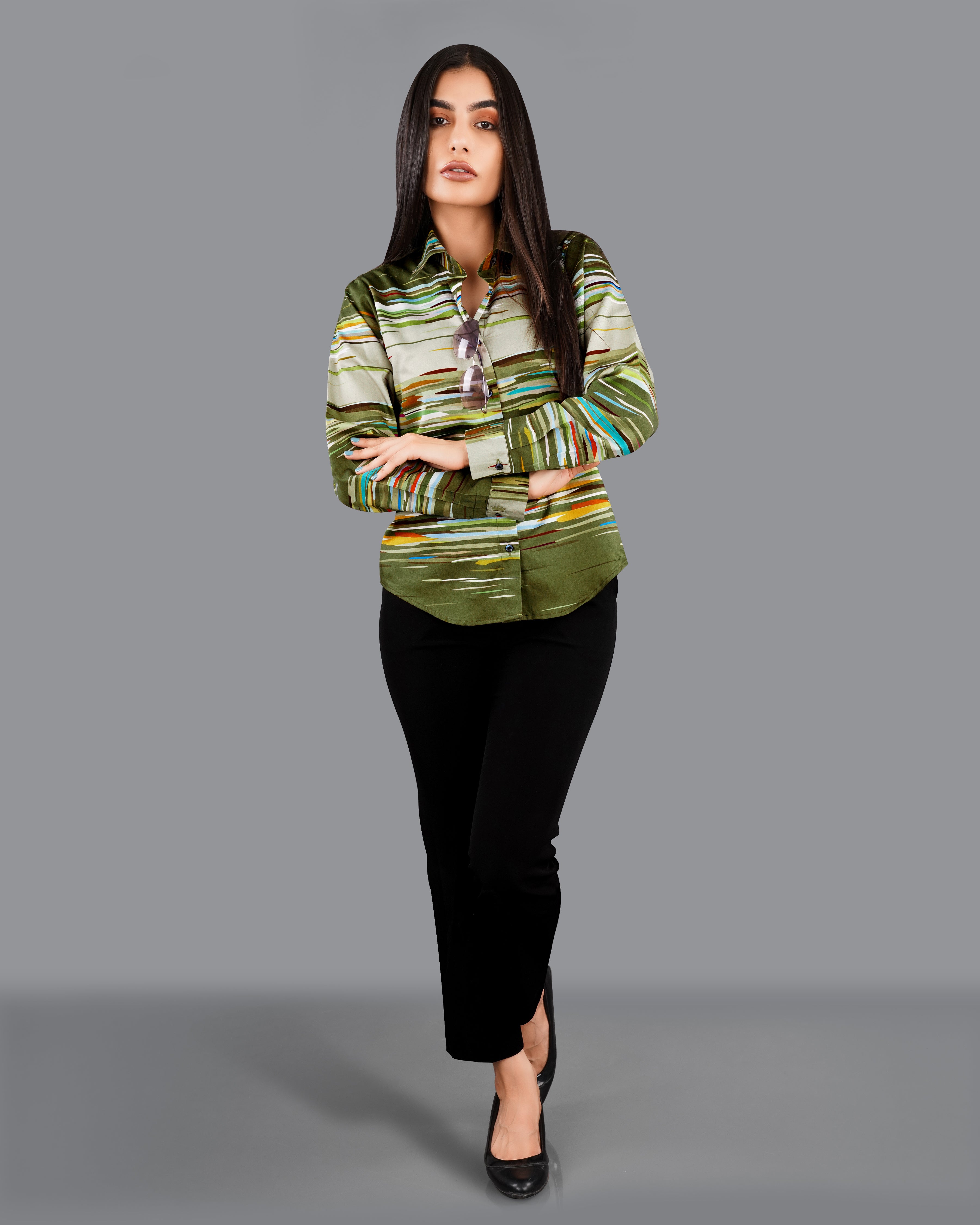 Verdigris Green Multicolour Printed Premium Tencel Shirt WS050-BLE-32, WS050-BLE-34, WS050-BLE-36, WS050-BLE-38, WS050-BLE-40, WS050-BLE-42