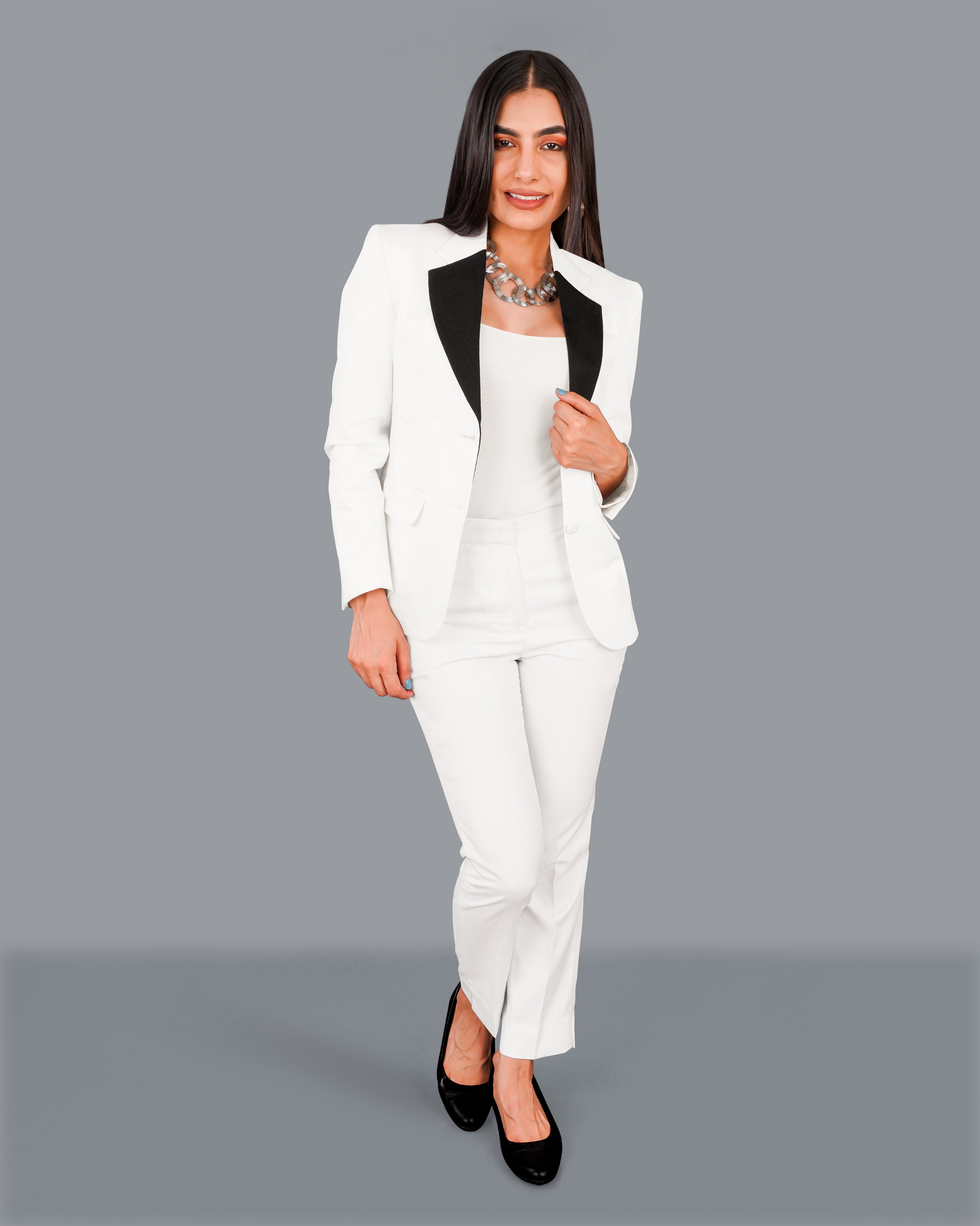 Bright White with Black Patch Collar Premium Cotton Women's Suit WST005-SB-BKPL-FB-32, WST005-SB-BKPL-FB-34, WST005-SB-BKPL-FB-36, WST005-SB-BKPL-FB-38, WST005-SB-BKPL-FB-40, WST005-SB-BKPL-FB-42