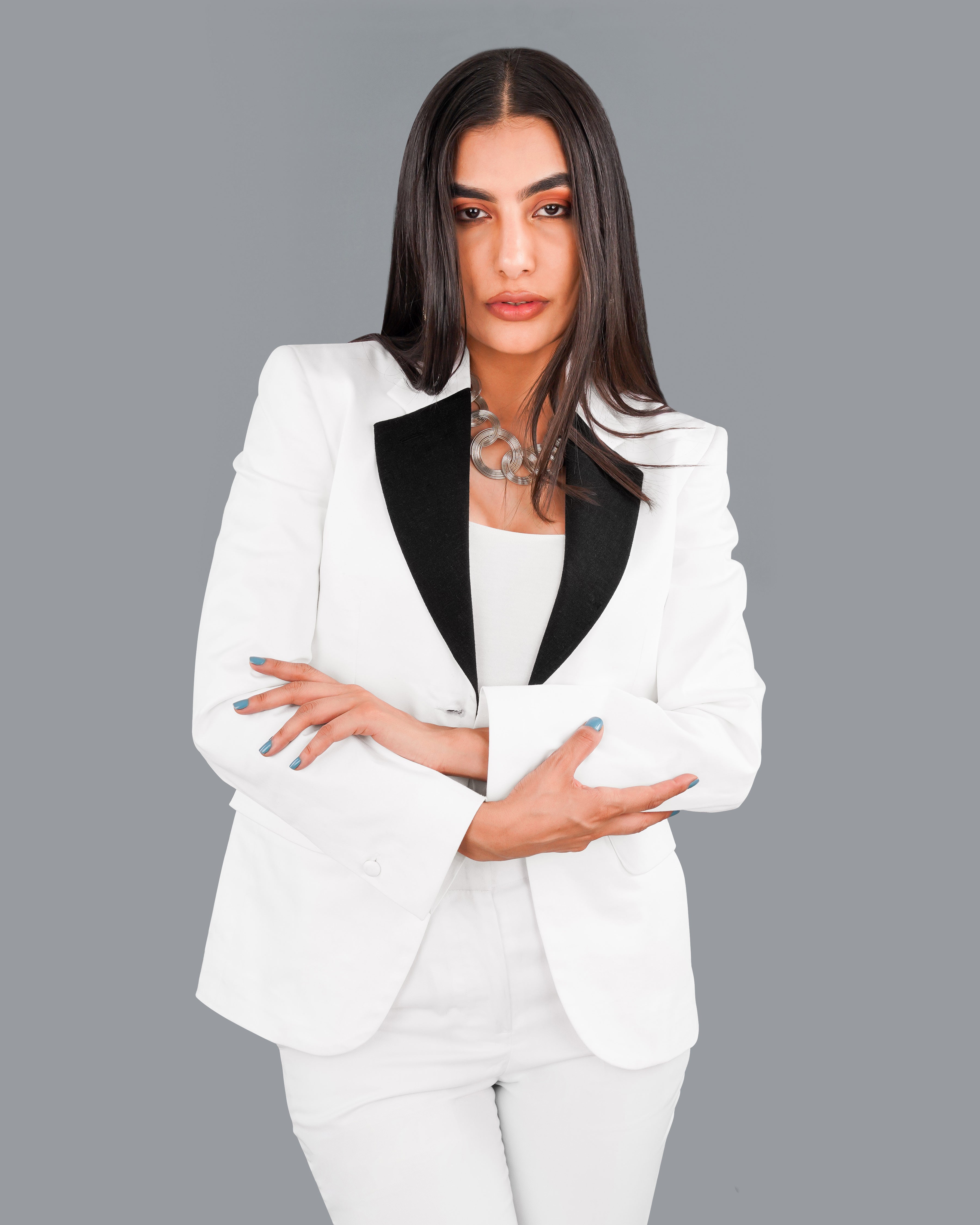 Bright White with Black Patch Collar Premium Cotton Women's Suit WST005-SB-BKPL-FB-32, WST005-SB-BKPL-FB-34, WST005-SB-BKPL-FB-36, WST005-SB-BKPL-FB-38, WST005-SB-BKPL-FB-40, WST005-SB-BKPL-FB-42