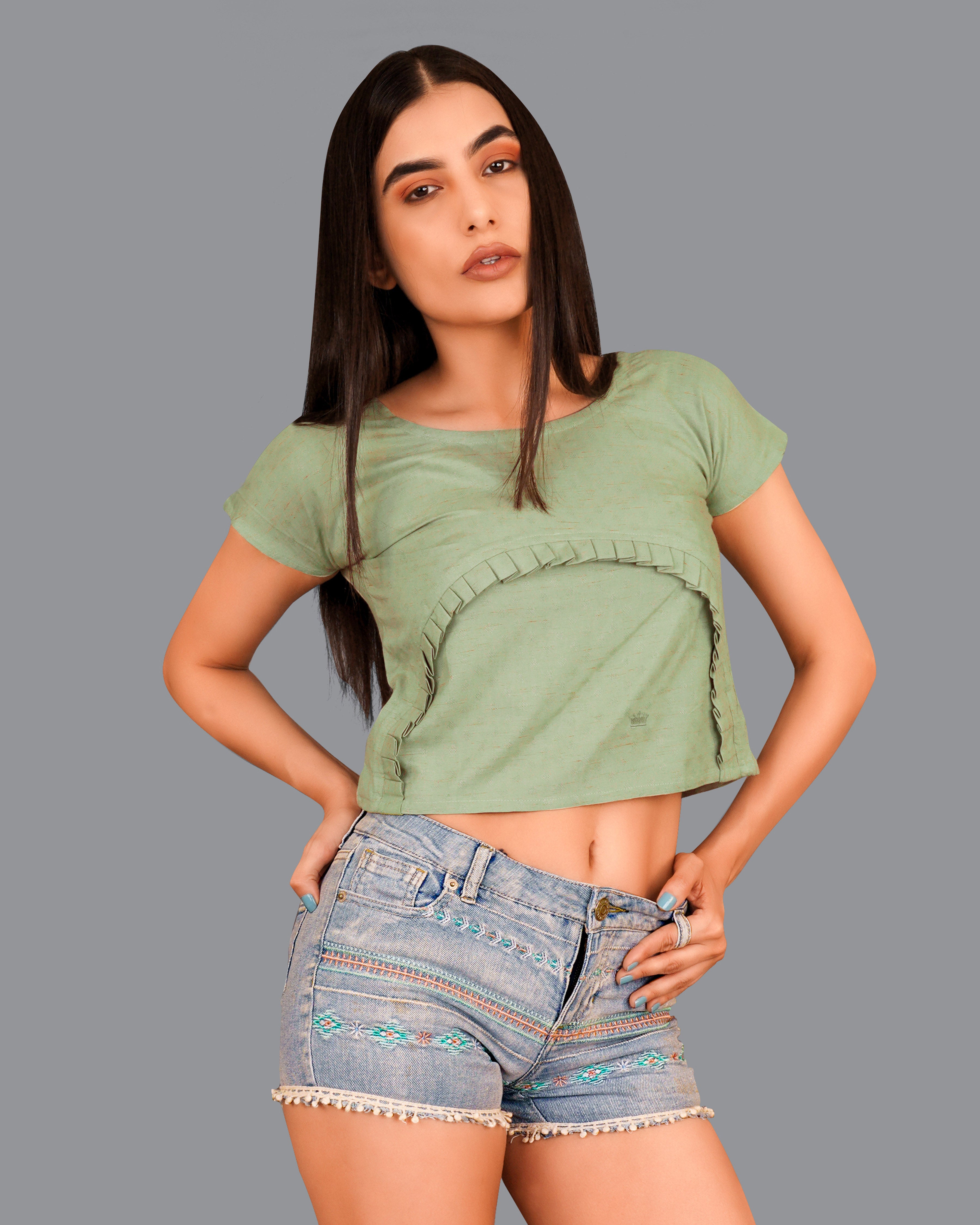 Asparagus Green Pleated Premium Cotton Crop Top WTP016-32, WTP016-34, WTP016-36, WTP016-38, WTP016-40, WTP016-42